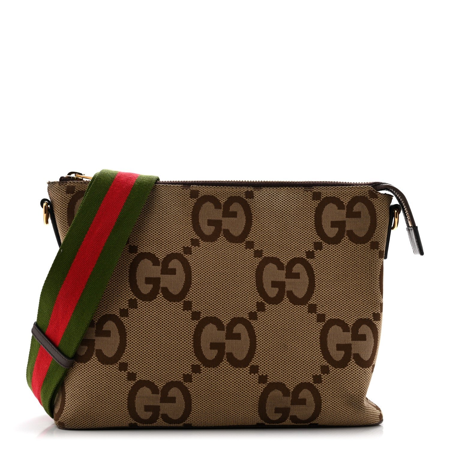Gucci Monogram Jumbo GG Textured Dollar Calfskin Web Wristlet Messenger Bag Camel Ebony New Acero