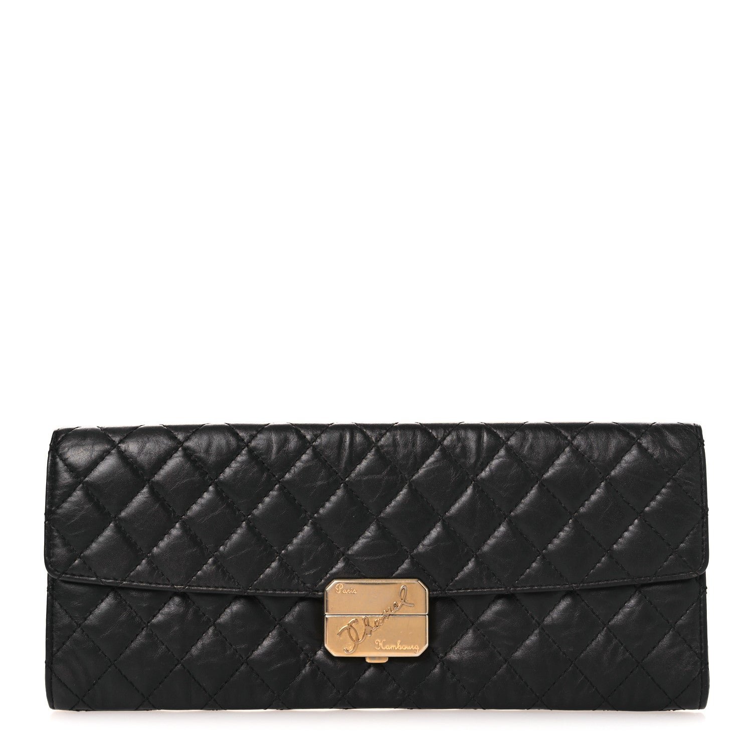 Chanel Metallic Aged Calfskin Quilted Paris Hamburg Clutch Black