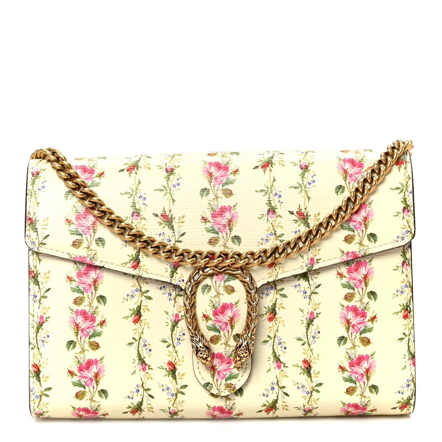 Gucci Calfskin Floral Print Mini Dionysus Chain Wallet Ivory Pink