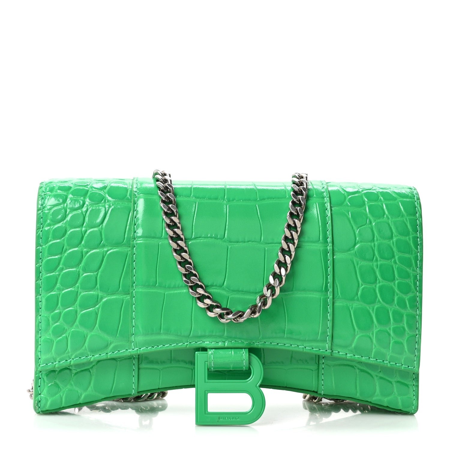Balenciaga Shiny Calfskin Crocodile Embossed Hourglass Chain Bag Vivid Green