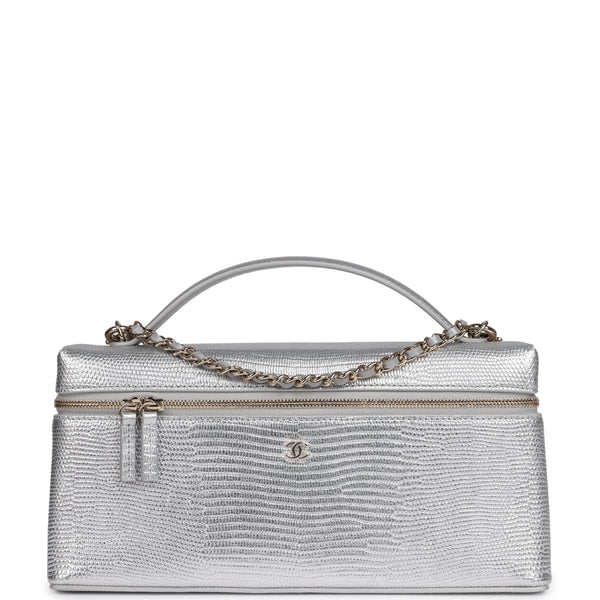 Chanel Top Handle Long Vanity Case with Chain Silver Metallic Lizard Embossed Calfskin Light Gold Hardware