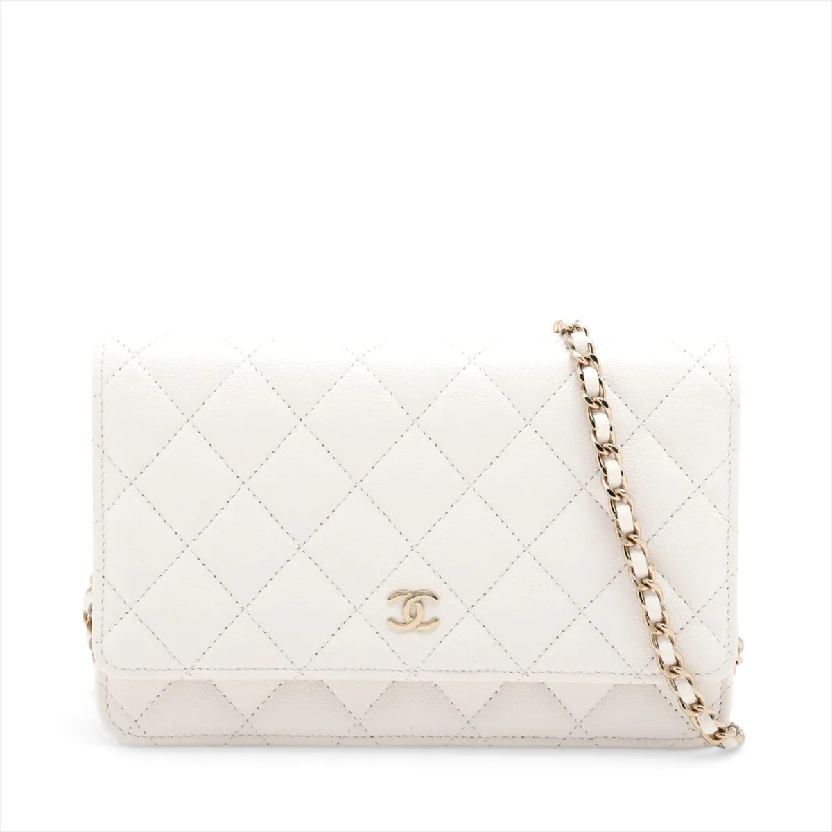 Chanel Matelasse Caviar Skin Chain Wallet White Gold Metal Fittings random plate