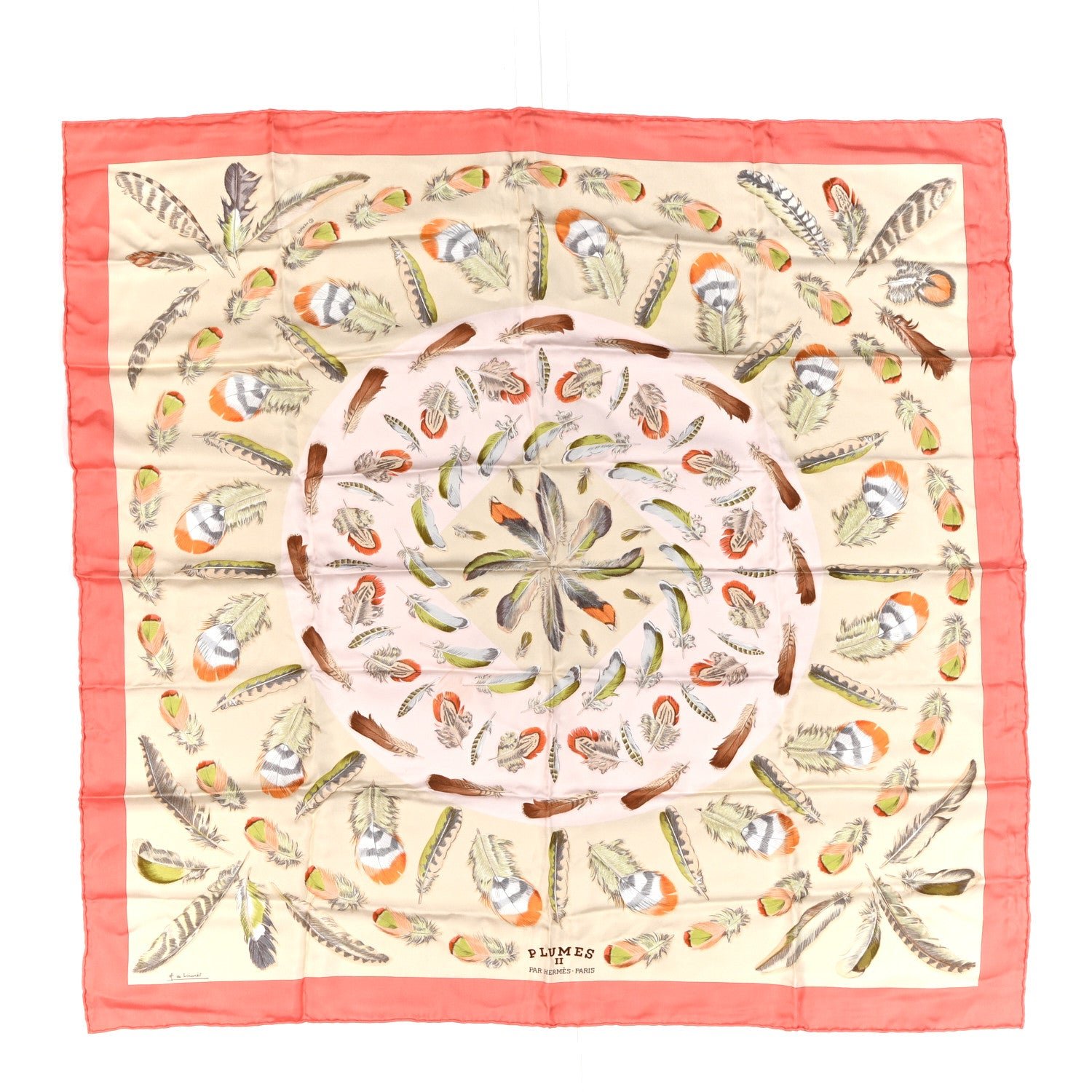 Hermes Silk Plumes II Scarf 90 Corail Beige Rose Pale