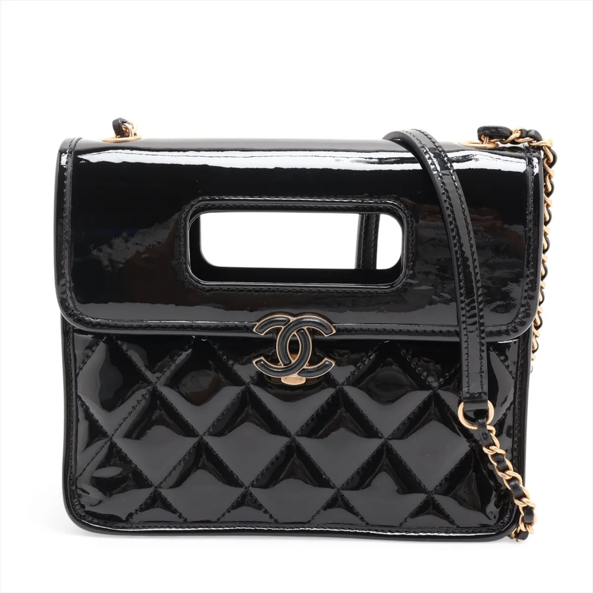 Chanel Matelasse Patent Leather 2 Way Shoulder Bag Black Gold Metal Fittings ran