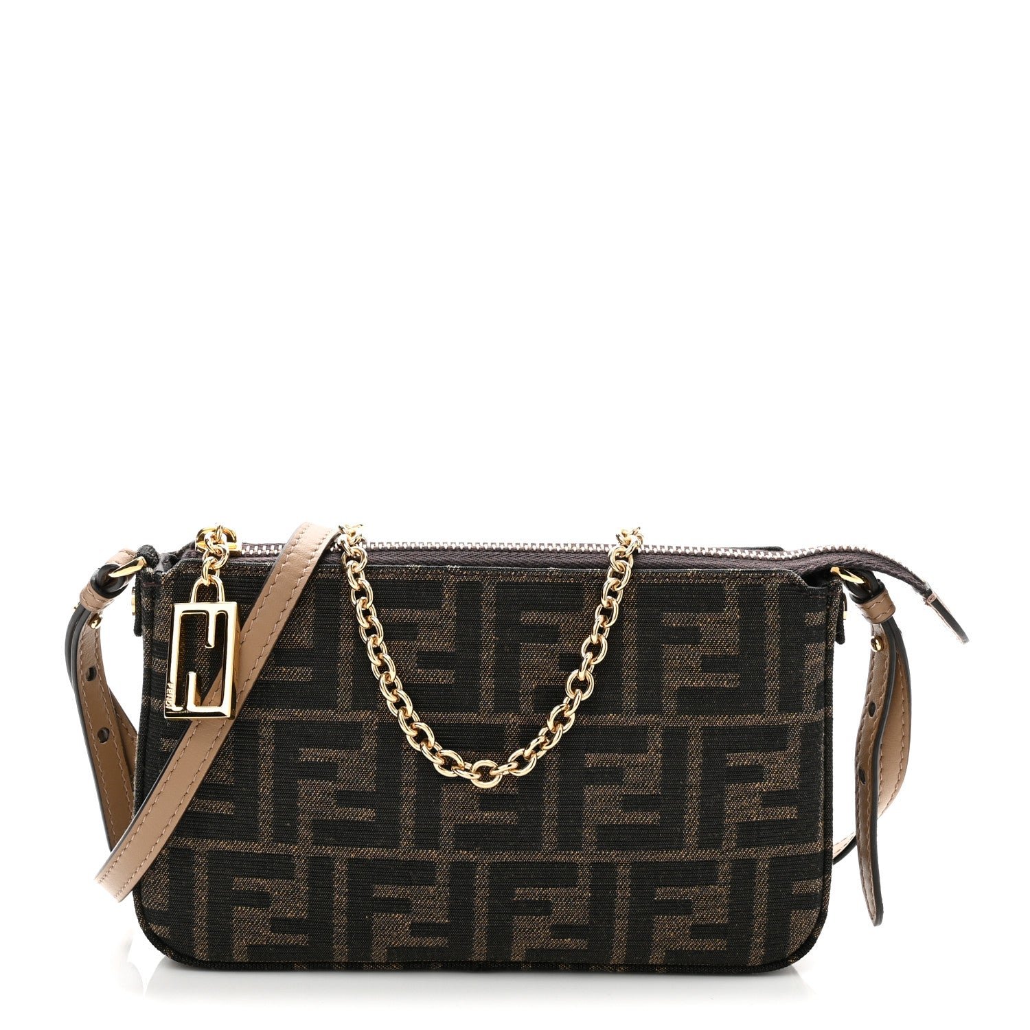 Fendi Fabric Jacquard Vitello Grace FF 1974 Baguette Pouch Tobacco Moro Sand