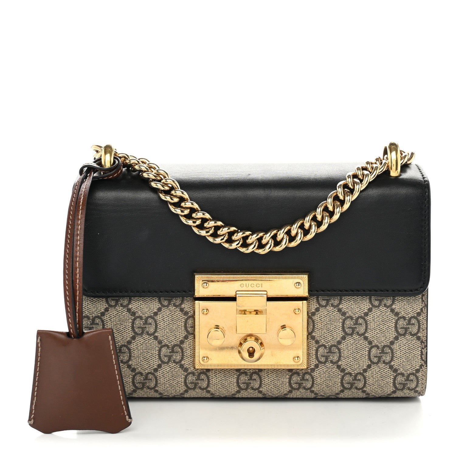 Gucci GG Supreme Monogram Calfskin Small Padlock Shoulder Bag Beige Black Cuir
