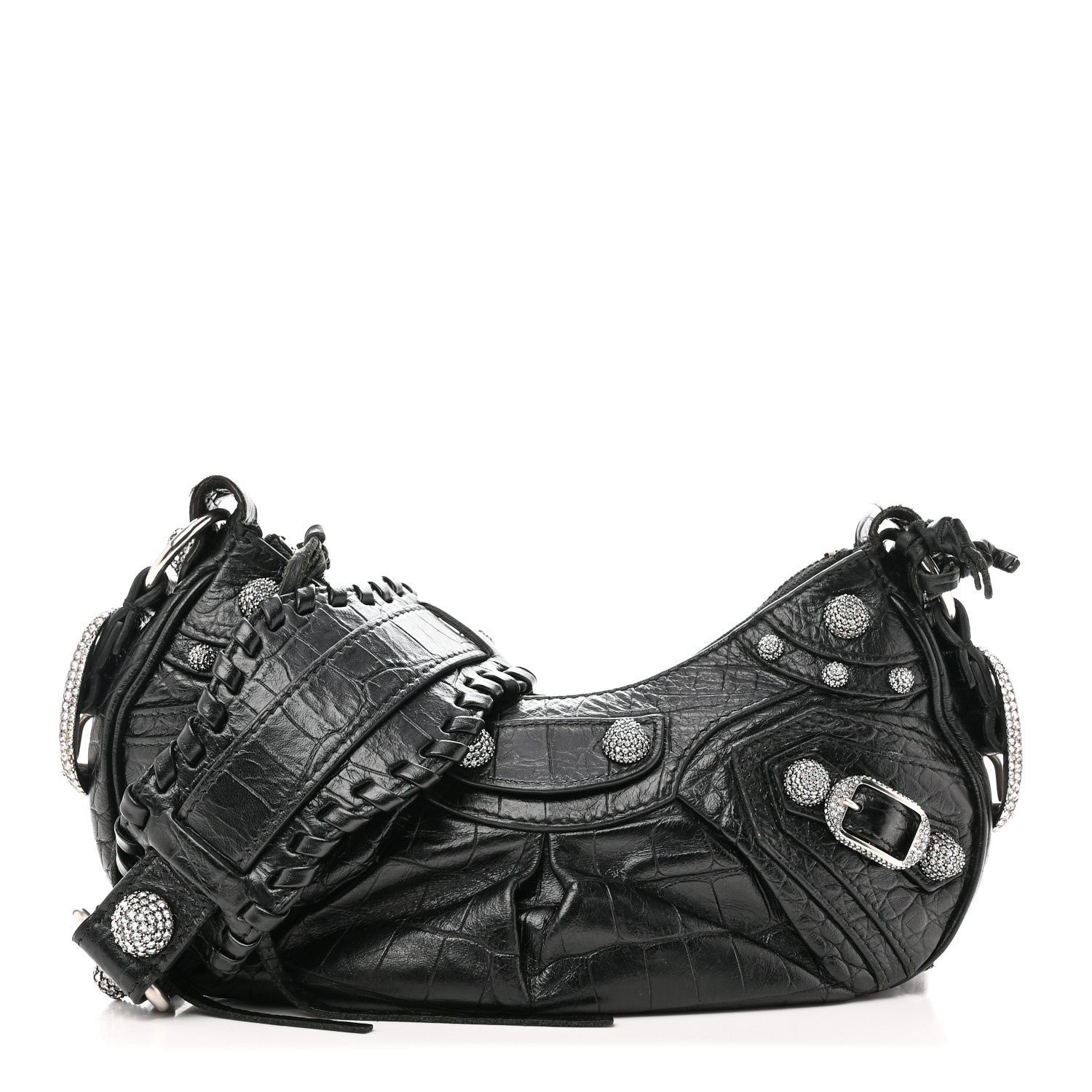 Balenciaga Balenciaga Extra Supple Calfskin Crystal Crocodile Embossed Le Cagole Shoulder Bag XS Black