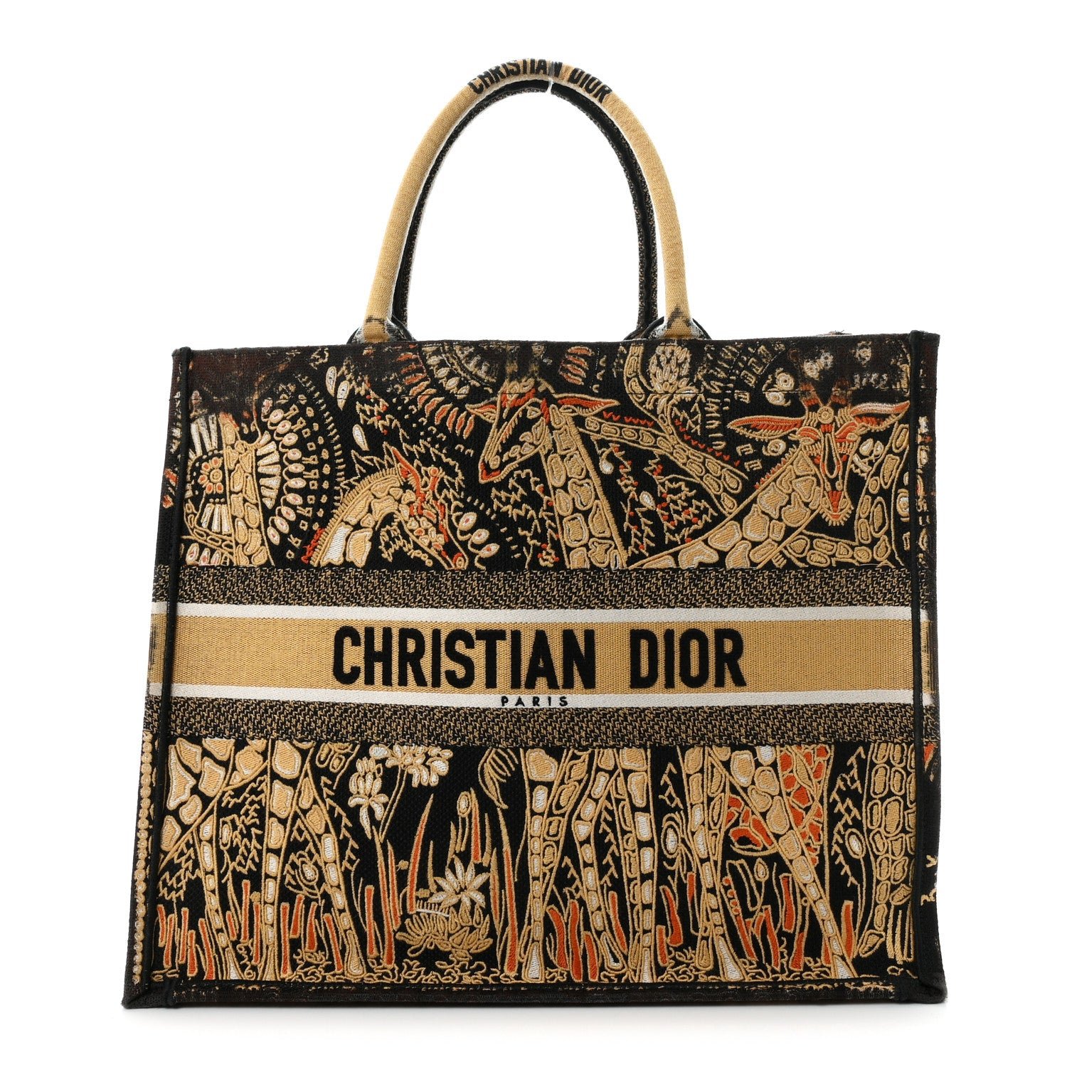 Christian Dior Canvas Embroidered Dior Animals Giraffe Book Tote Yellow Multicolor