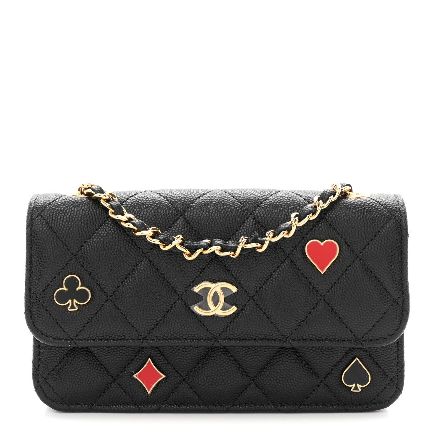 Chanel Caviar Quilted Enamel Coco Casino Flap Phone Holder With Chain Black