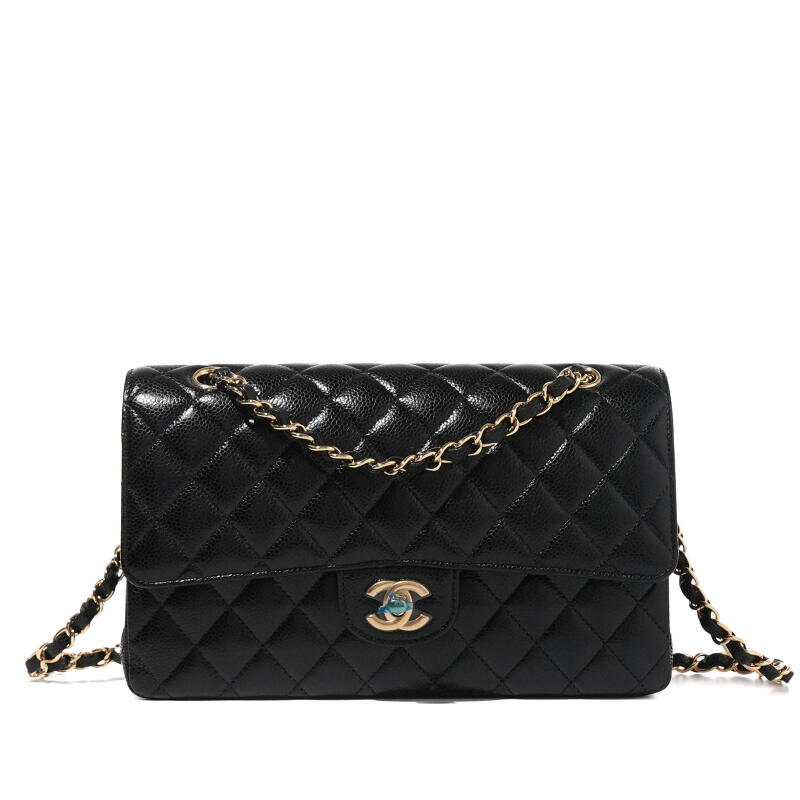 Black Quilted Caviar Classic Timeless Double Flap Gold Hardware