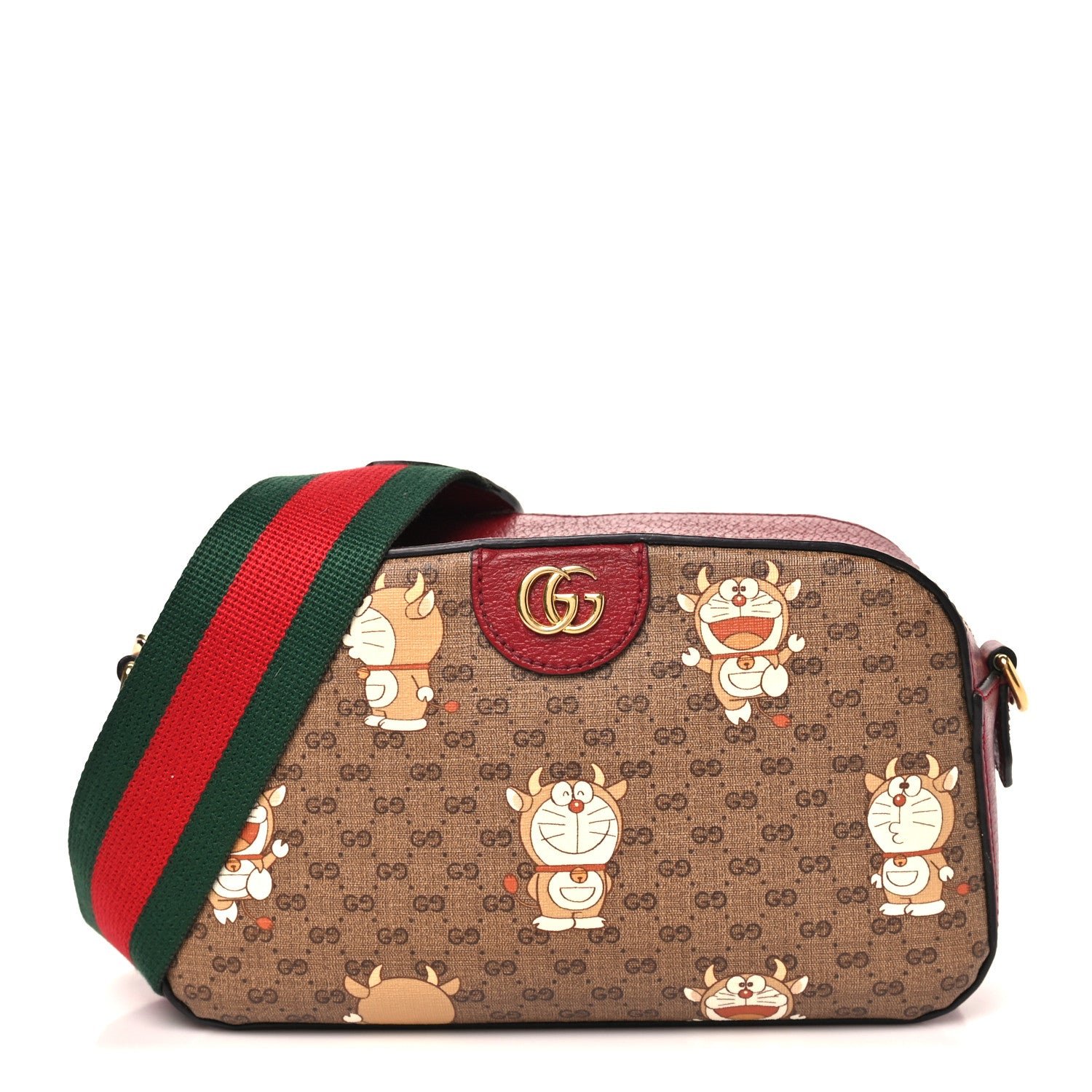 Gucci X DORAEMON Mini Vintage GG Supreme Monogram Shoulder Bag Beige Cherry Red