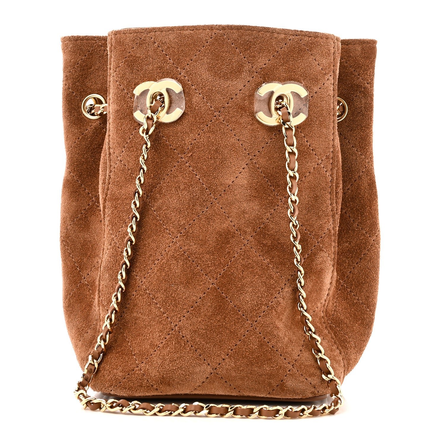 Chanel Suede Quilted Bucket Bag With Chain Camel