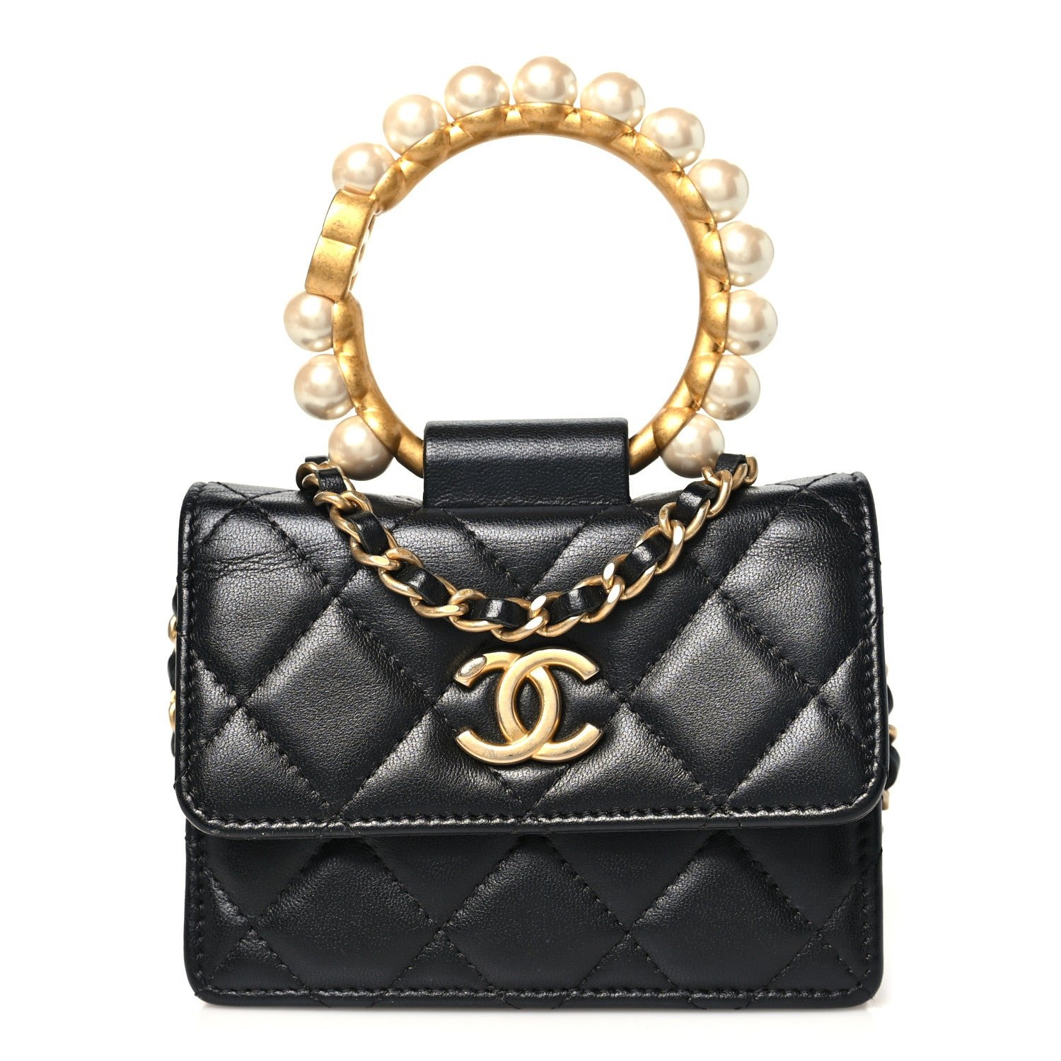 Chanel Lambskin Quilted Pearl Crown Clutch With Chain Black