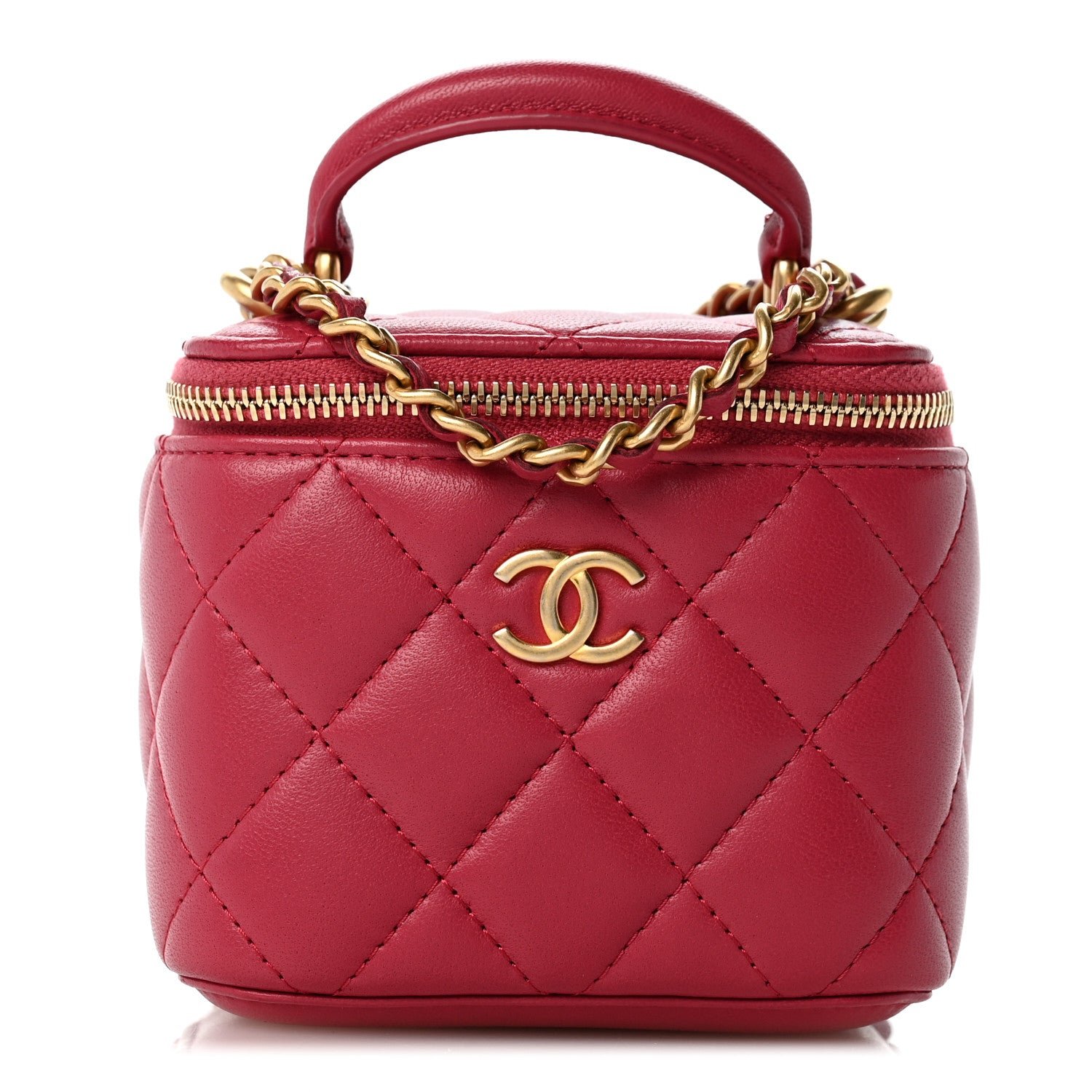 Chanel Lambskin Quilted Top Handle Mini Vanity Case With Chain Dark Pink
