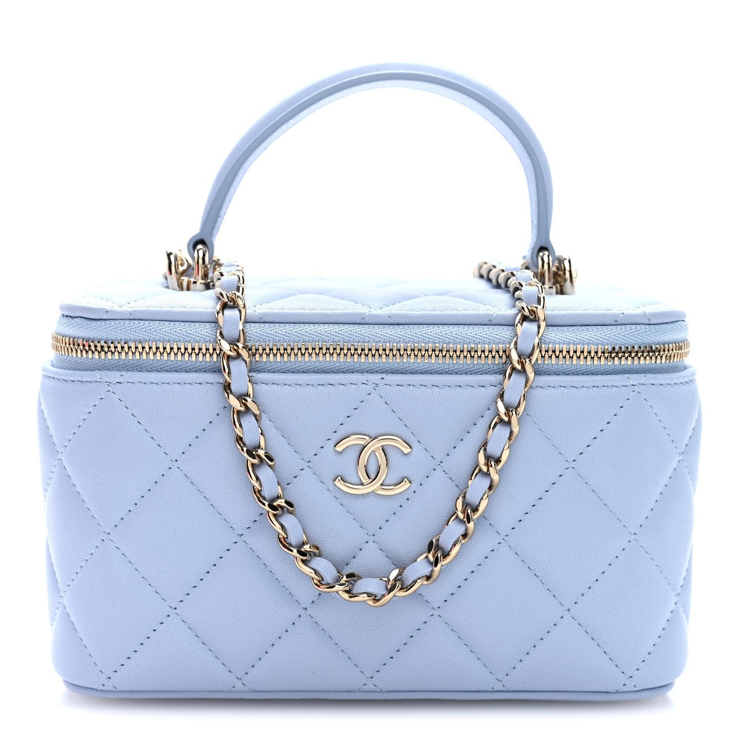 Chanel Lambskin Quilted Small Top Handle Vanity Case With Chain Light Blue