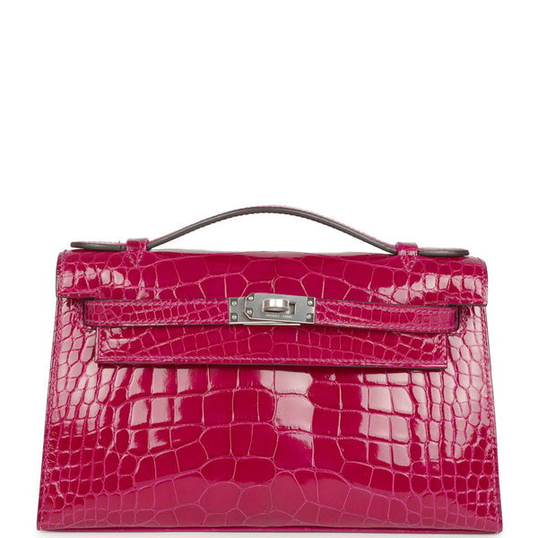 Hermes Hermes Kelly Pochette Rose Pourpre Shiny Alligator Palladium Hardware