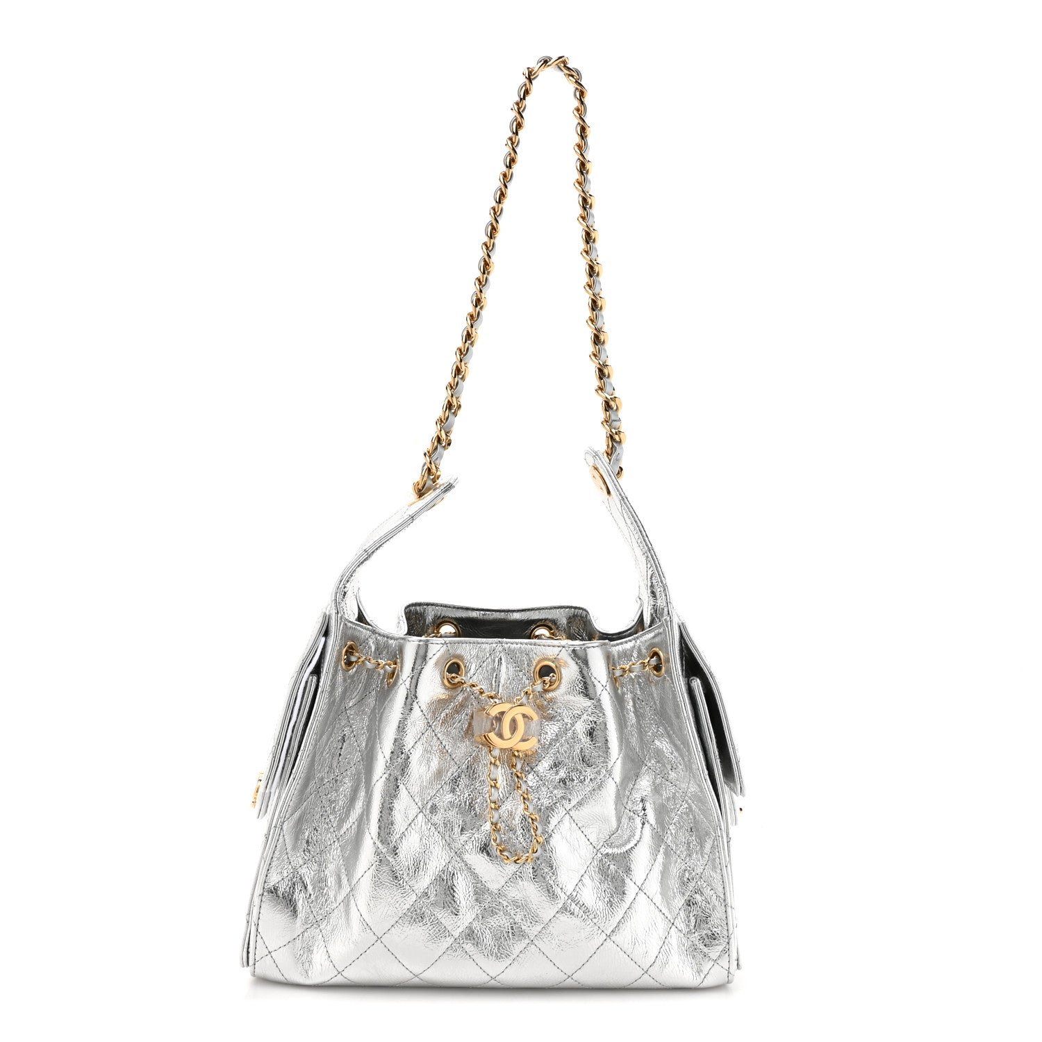 Chanel Metallic Crumpled Calfskin Quilted Small Chanel 25 Handbag Silvery