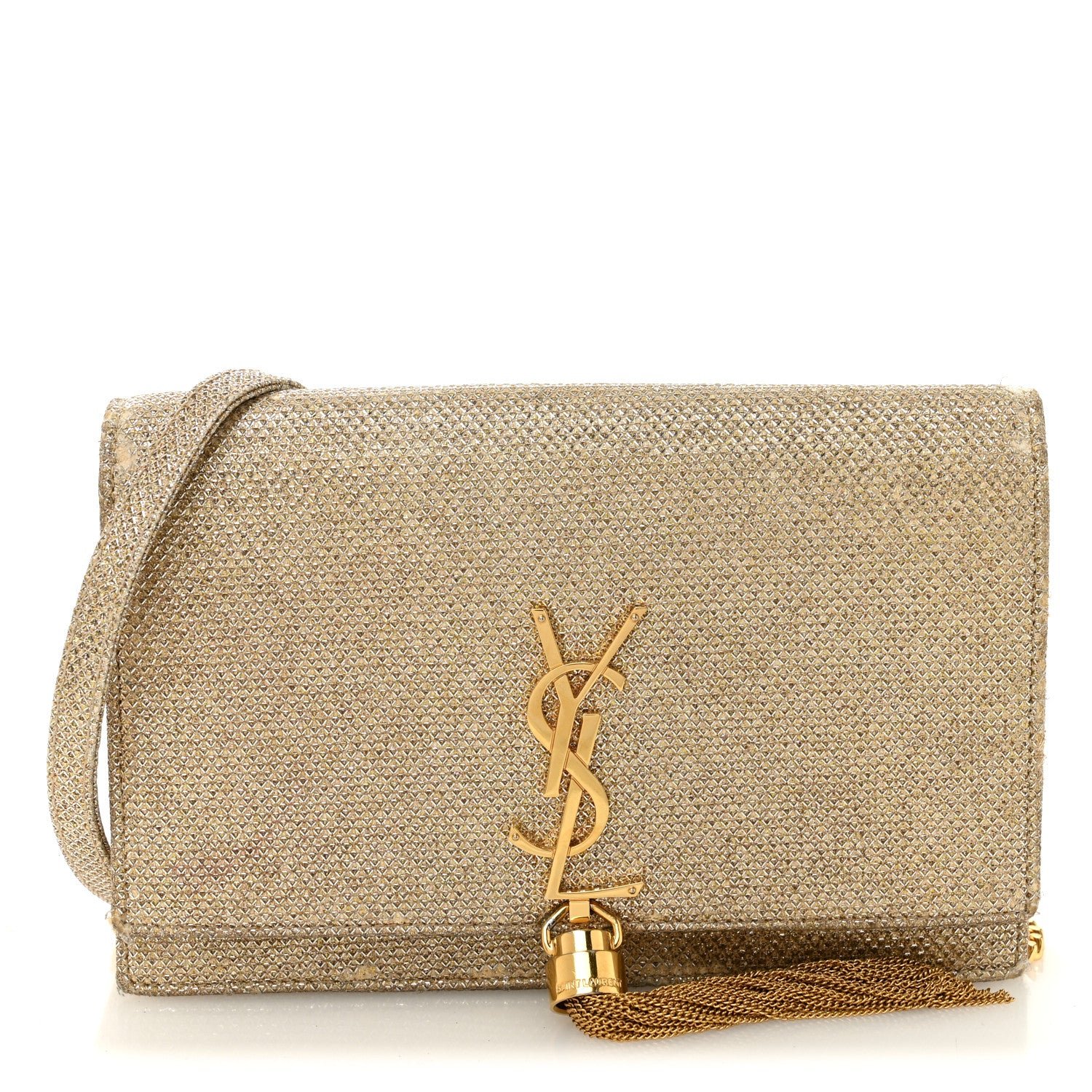 Saint Laurent Metallic Canvas Woven Small Classic Monogram Kate Tassel Chain Wallet Gold
