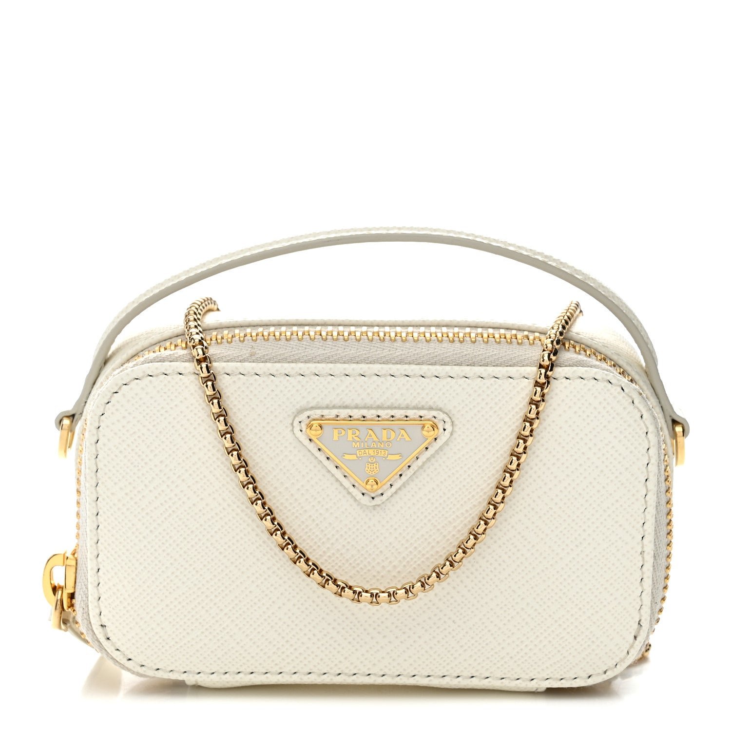 Prada Saffiano Metal Triangle Logo Mini Pouch with Handle White