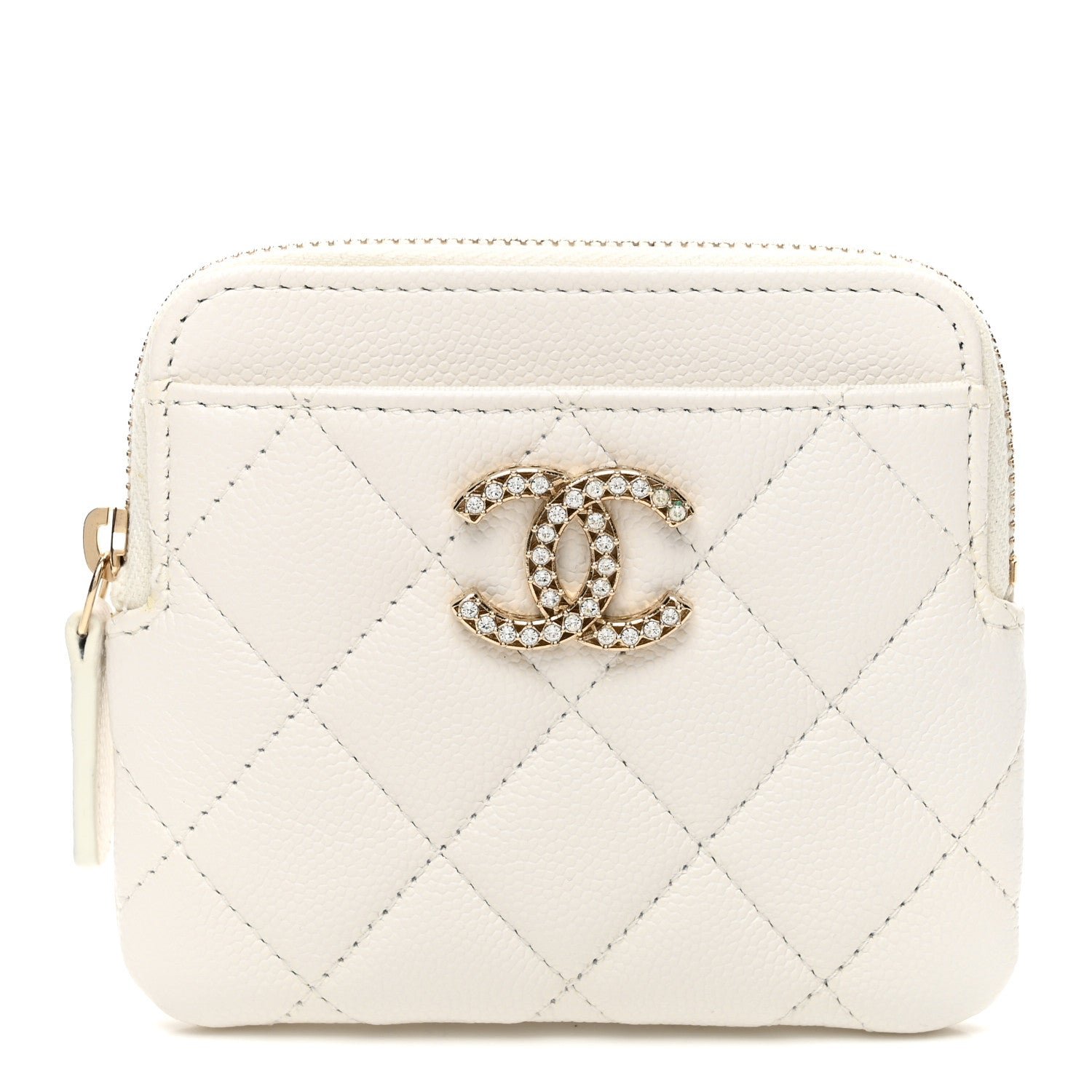 Chanel Caviar Quilted Crystal Zip Card Holder Wallet White