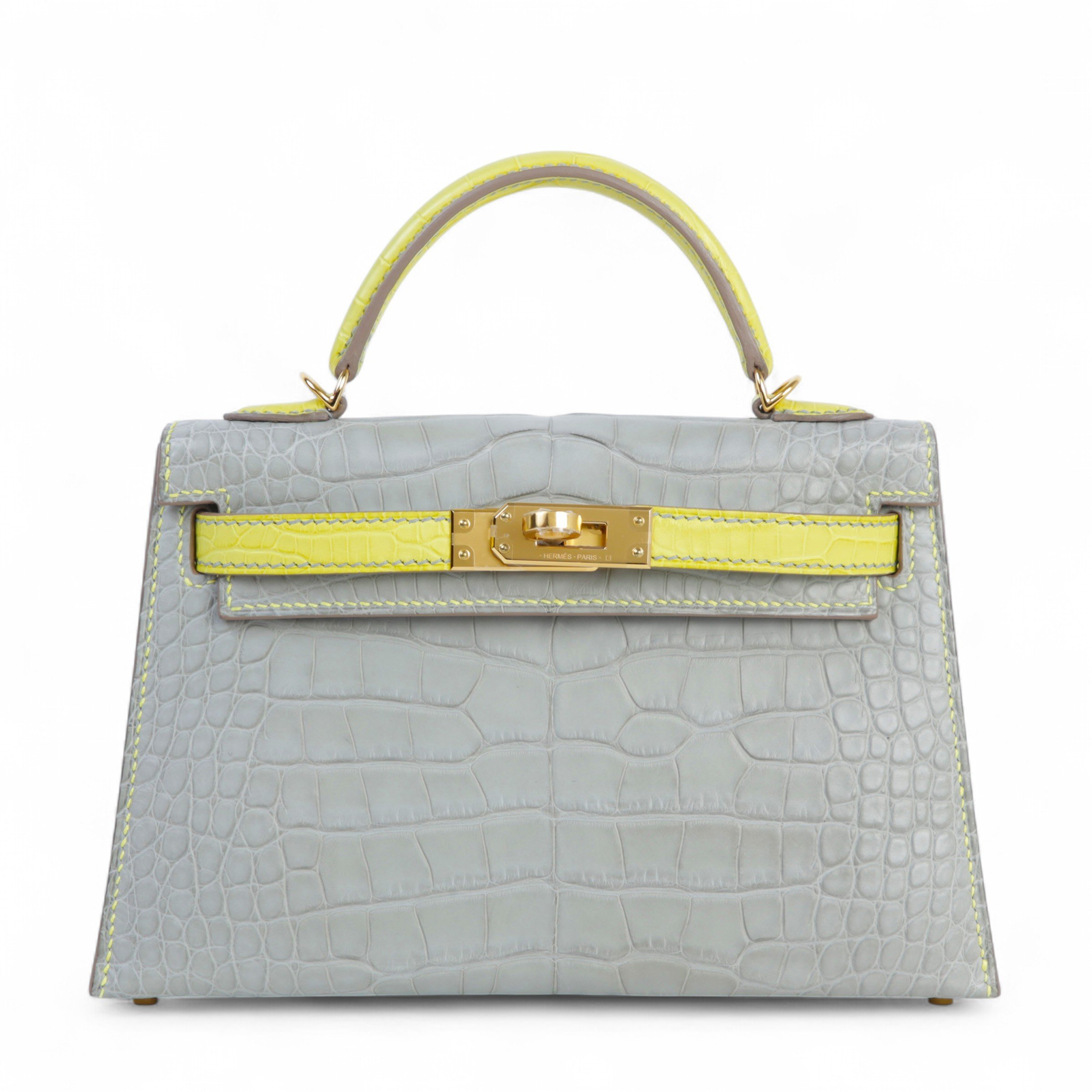 Hermes Unused ( Rank NS ) HERMÈS Special Order Mini Kelly II Gris Perle (80) Lime (9R) Matte Alligator Gold hardware U (2022)