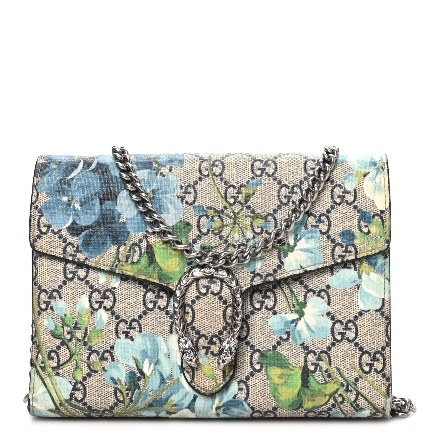 Gucci GG Supreme Monogram Blooms Mini Dionysus Chain Wallet Beige Blue Navy Vintage Blue