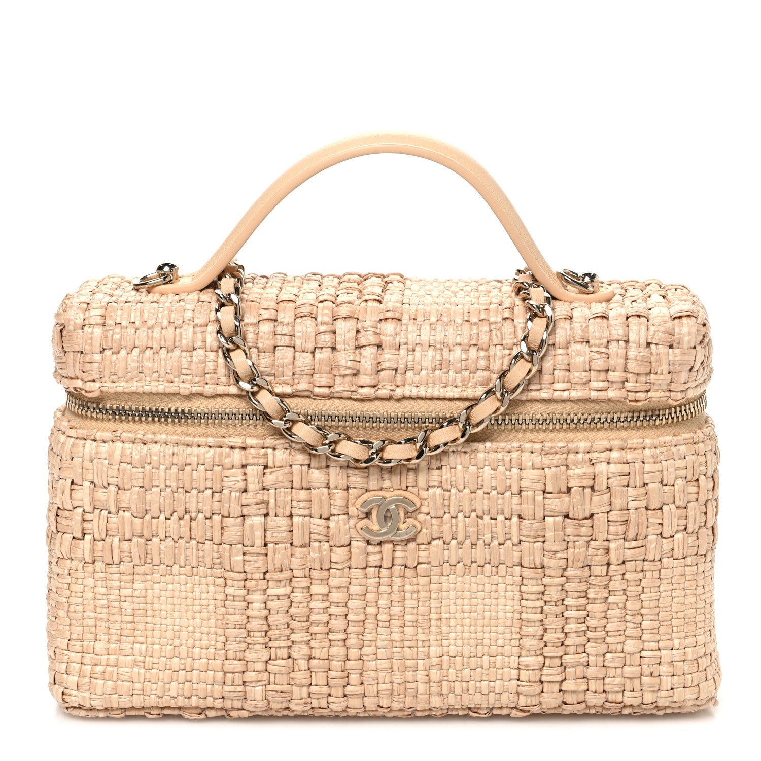Chanel Braided Raffia Quilted Top Handle Slim Vanity Case With Chain Beige