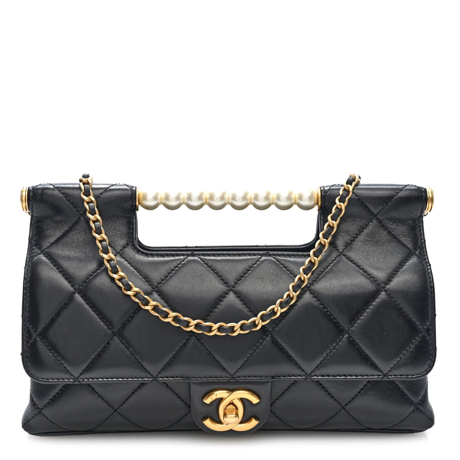 Chanel Shiny Lambskin Pearl Top Handle Flap Shopping Bag Black