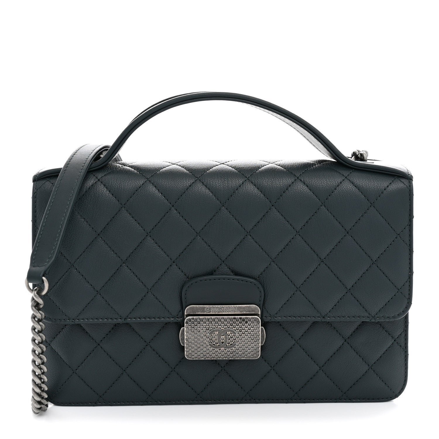 Chanel Goatskin Quilted Small CC University Top Handle Flap Dark Green