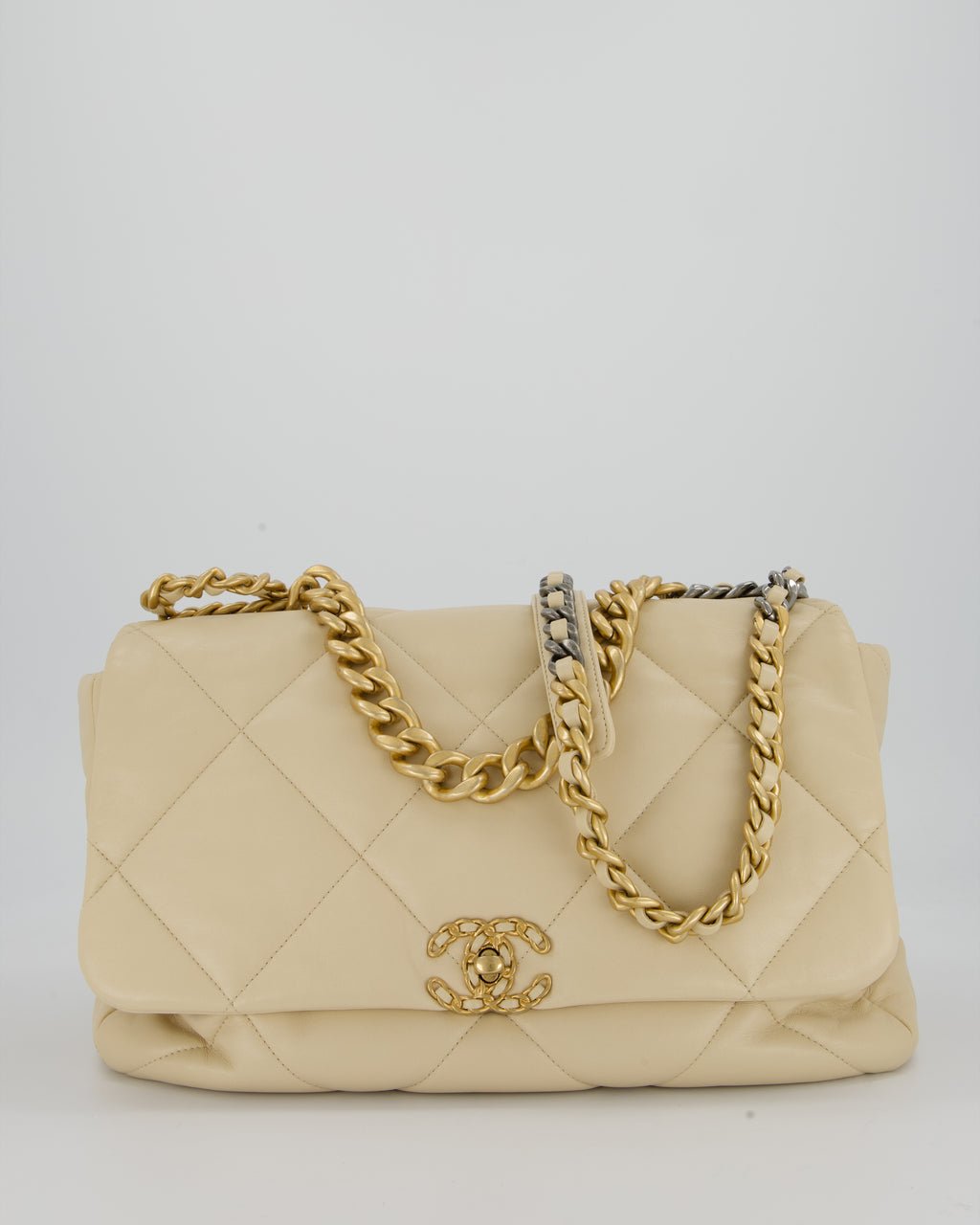 Chanel Beige 19 Maxi Flap Bag In Lambskin Leather With Mixed Hardware