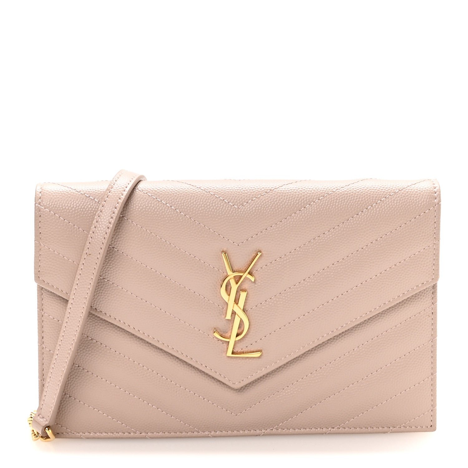 Saint Laurent Grain De Poudre Matelasse Chevron Monogram Envelope Chain Wallet Rose Antic