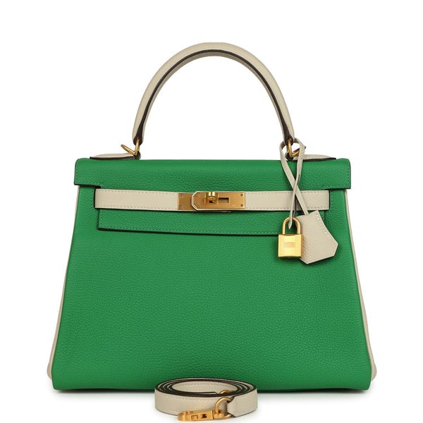 Hermes Pre-owned Hermes Special Order (HSS) Kelly Retourne 28 Bambou and Craie Togo Brushed Gold Hardware