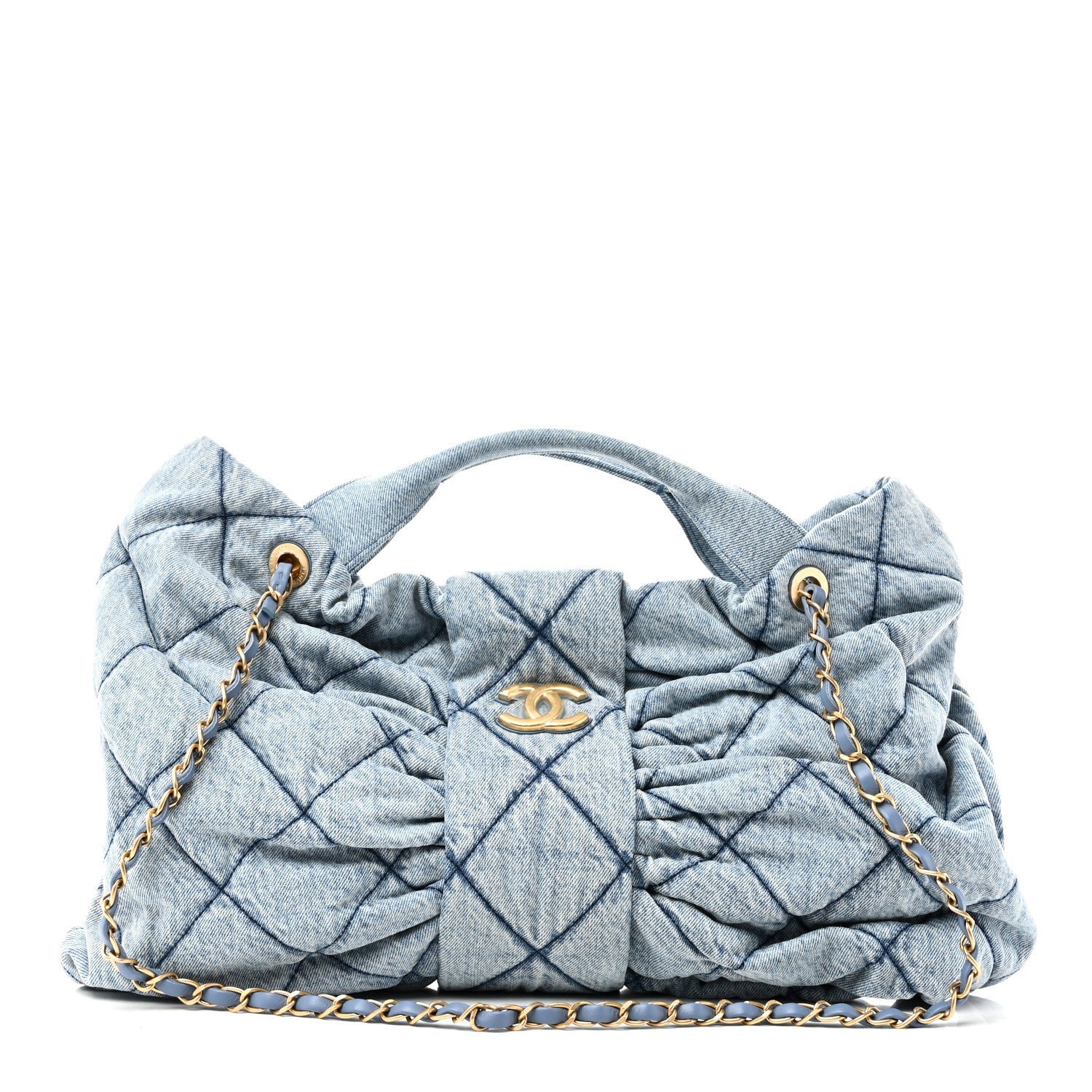 Chanel Washed Denim Quilted Maxi Bow Bag Blue