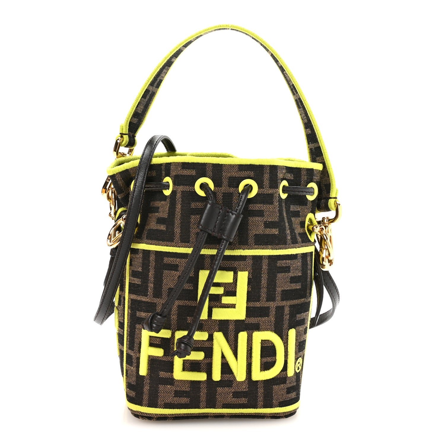 Fendi Fendi Fabric Jacquard Shiny Nappa FF 1974 Logo Threaded Edge Mini Mon Tresor Bucket Bag Tobacco Moro Giallo Fluo
