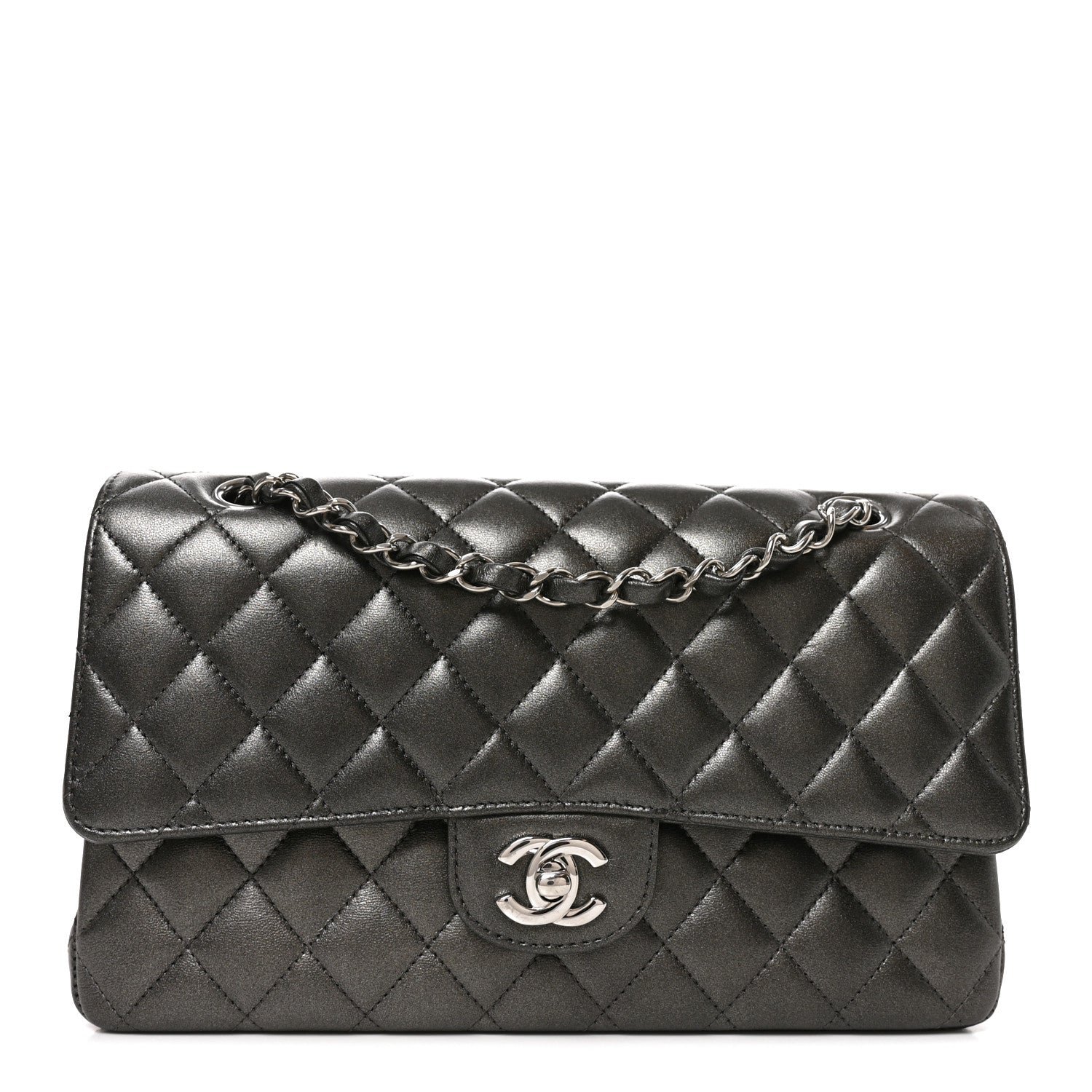 Chanel Metallic Lambskin Quilted Medium Double Flap Anthracite