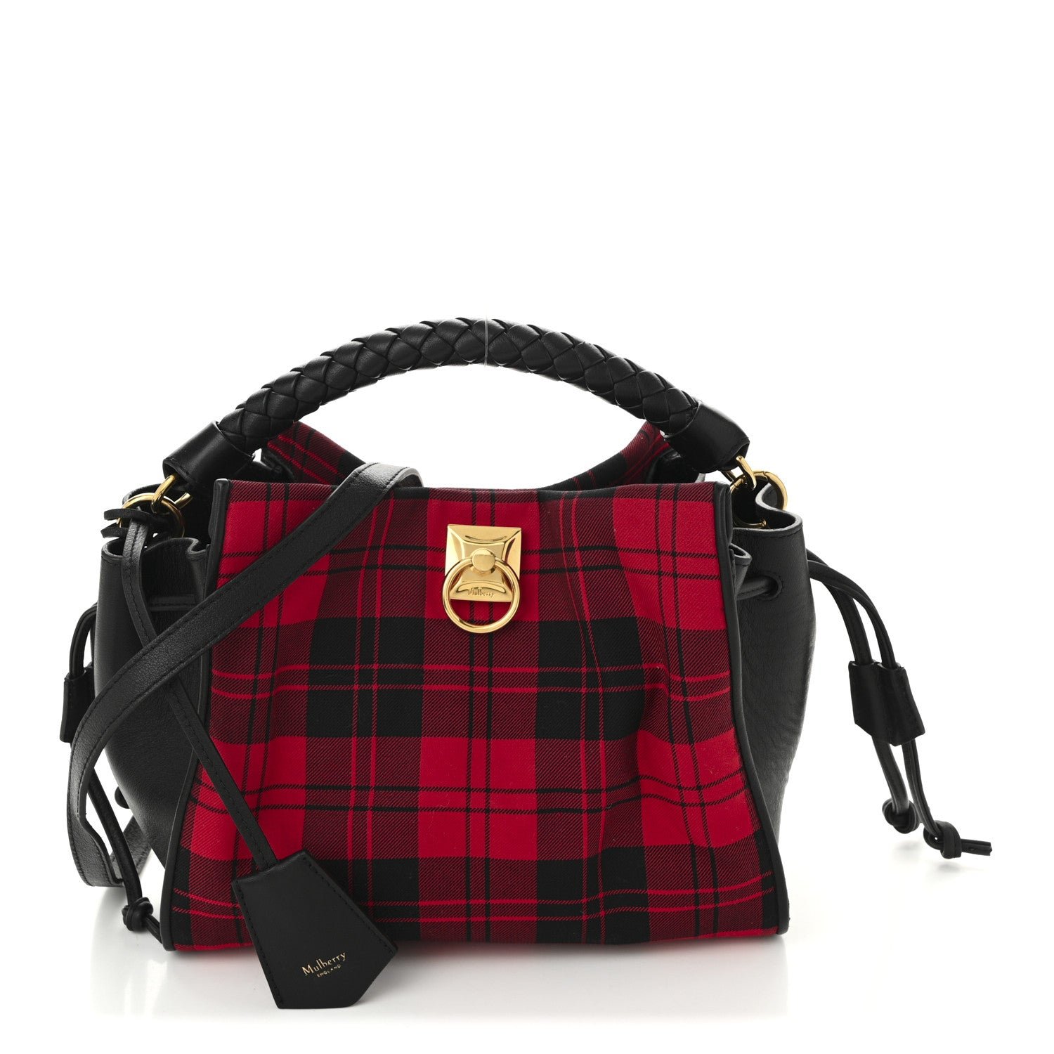 Mulberry Calfskin Tartan Cotton Canvas Small Iris Tote Black Red Multicolor