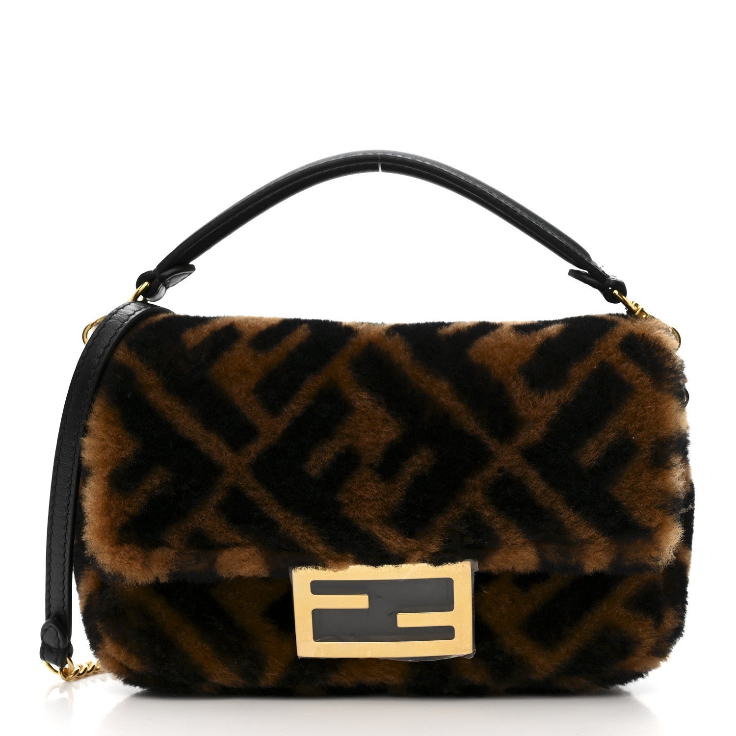 Fendi Shearling Vitello Dolce Macro FF 1974 Mini Baguette Tobacco Black