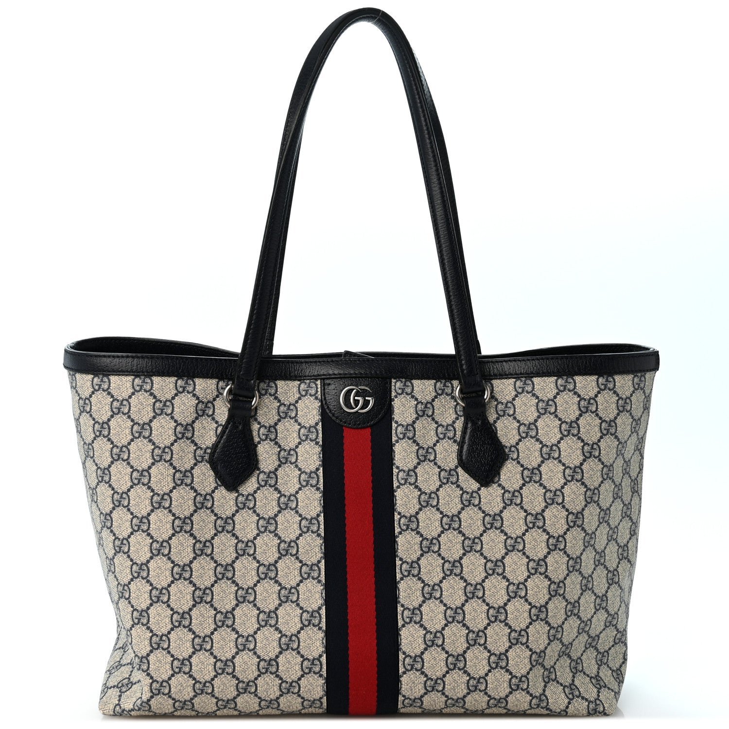 Gucci GG Supreme Monogram Textured Calfskin Web Medium Ophidia Shopping Tote Beige Blue