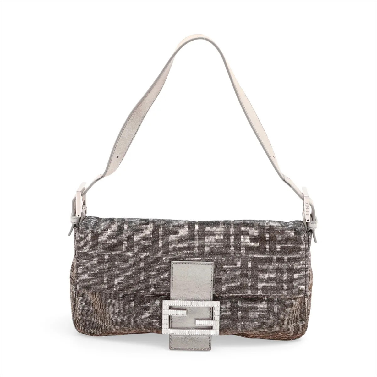 Fendi ZUCCa Mamma Baguette 8BR600 Canvas & Leather Shoulder bag Silver Mirror In
