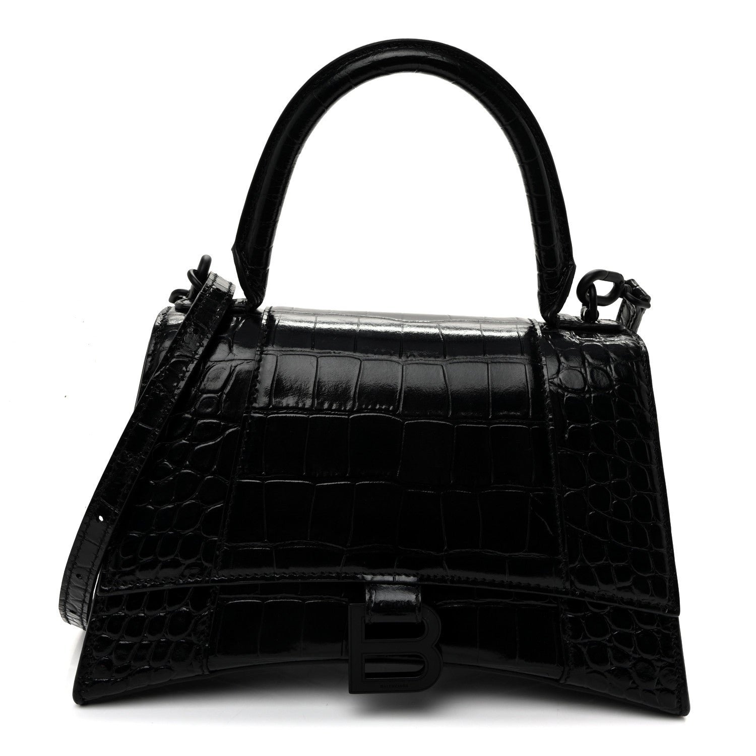 Balenciaga Shiny Calfskin Monochrome Crocodile Embossed Small Hourglass Top Handle Bag Black
