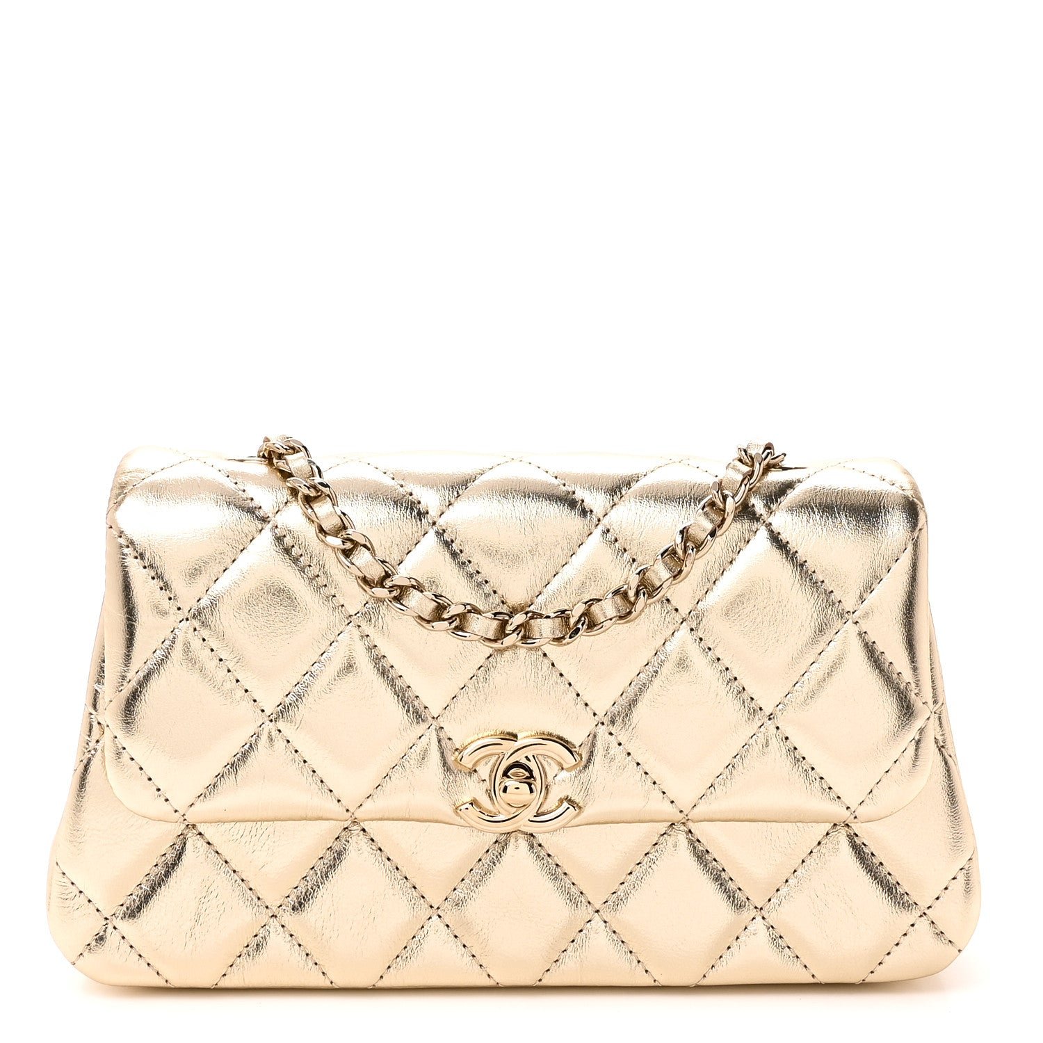 Chanel Metallic Lambskin Quilted Flap Phone Holder With Chain Gold