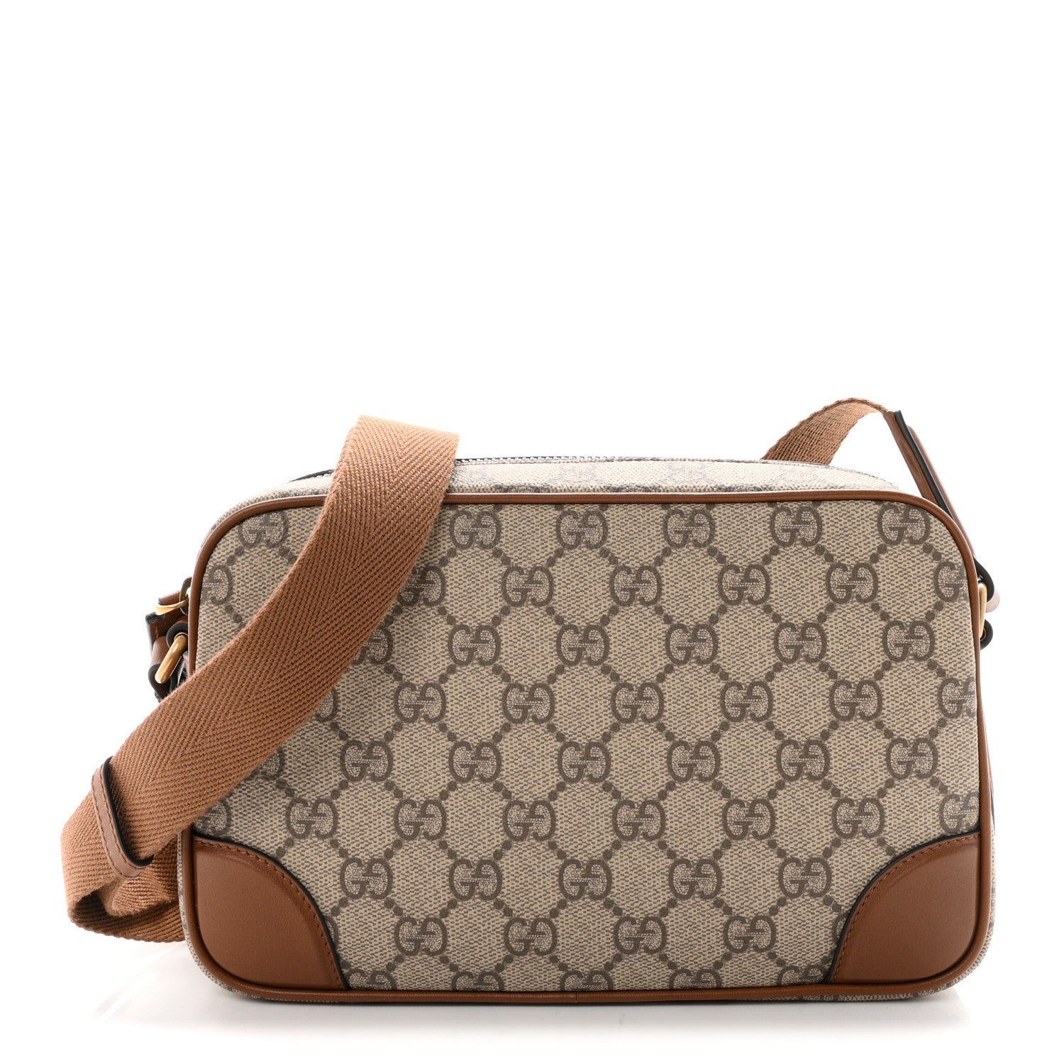 Gucci GG Supreme Monogram Textured Calfskin Emblem Mini Crossbody Beige Dark Brown