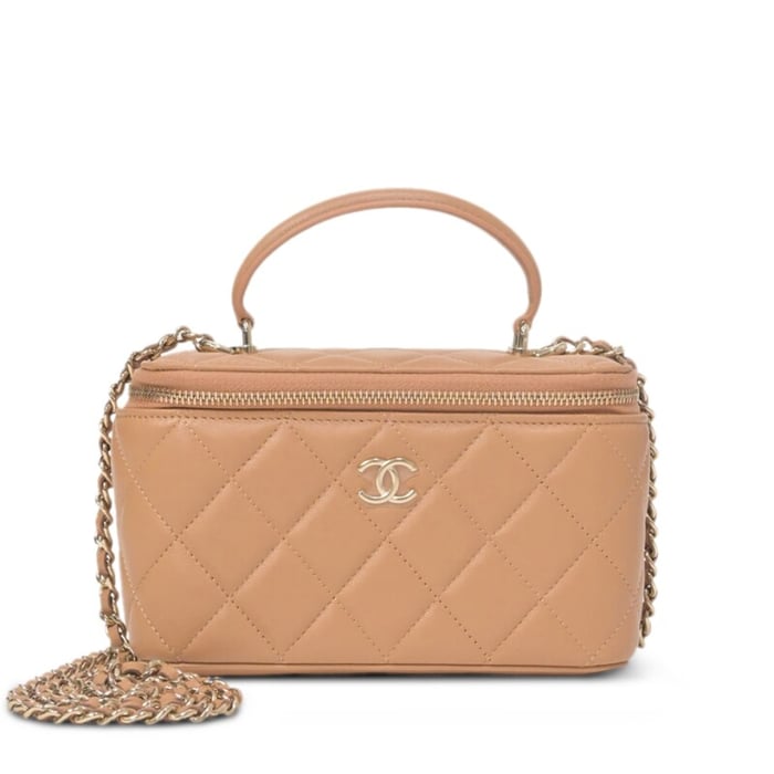 Chanel Beige Quilted Lambskin Top Handle Vanity Case Pale Gold Hardware