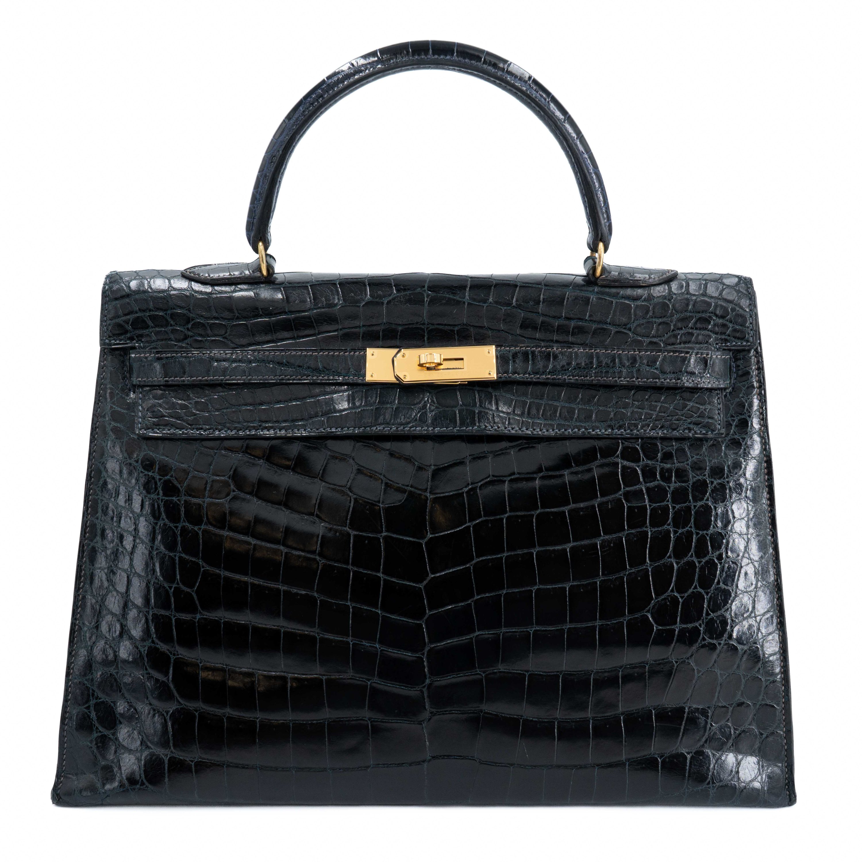 Good ( Rank AB) HERMÈS Kelly 35 Sellier Navy Porosus Crocodile Gold hardware Z (1970)