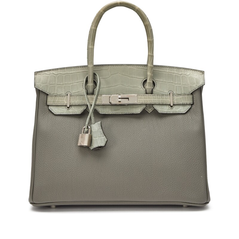Hermes Gris Meyer Togo and Gris Ciment Matte Alligator Touch Birkin 30 Gold Hardware, 2023