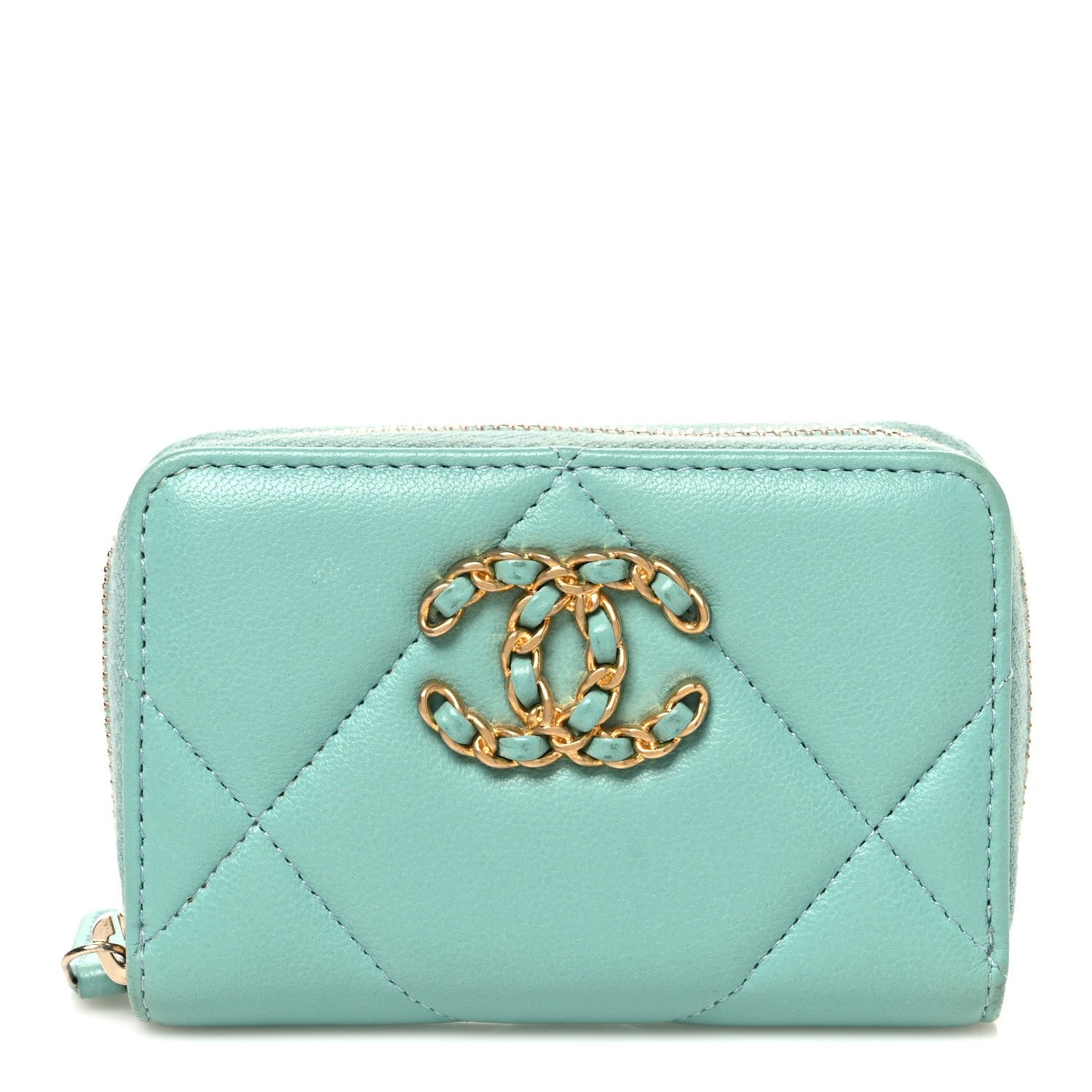 Chanel Lambskin Quilted Chanel 19 Zip Around Coin Purse Wallet Light Green