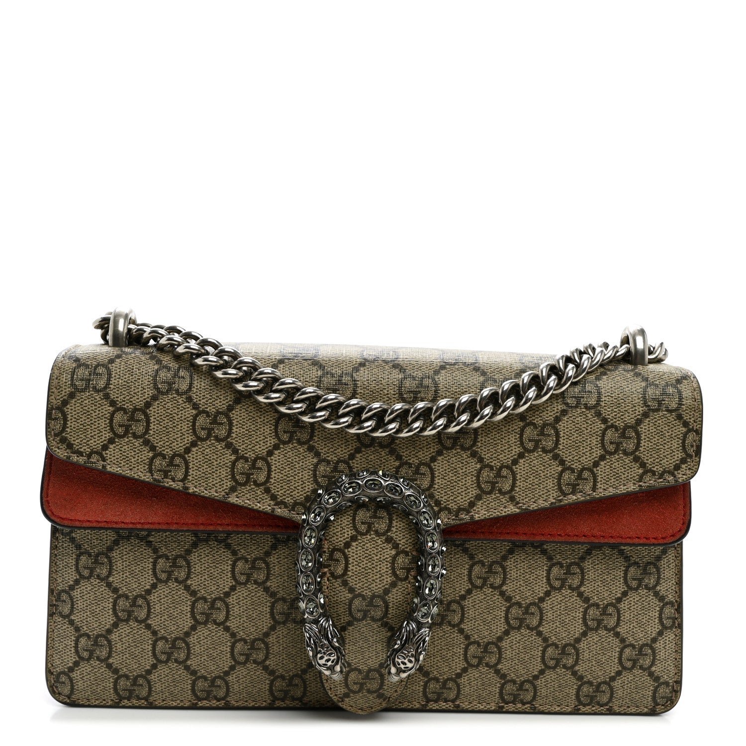 Gucci GG Supreme Monogram Suede Crystal Small Dionysus Shoulder Bag Beige Ebony Vulcanic Red