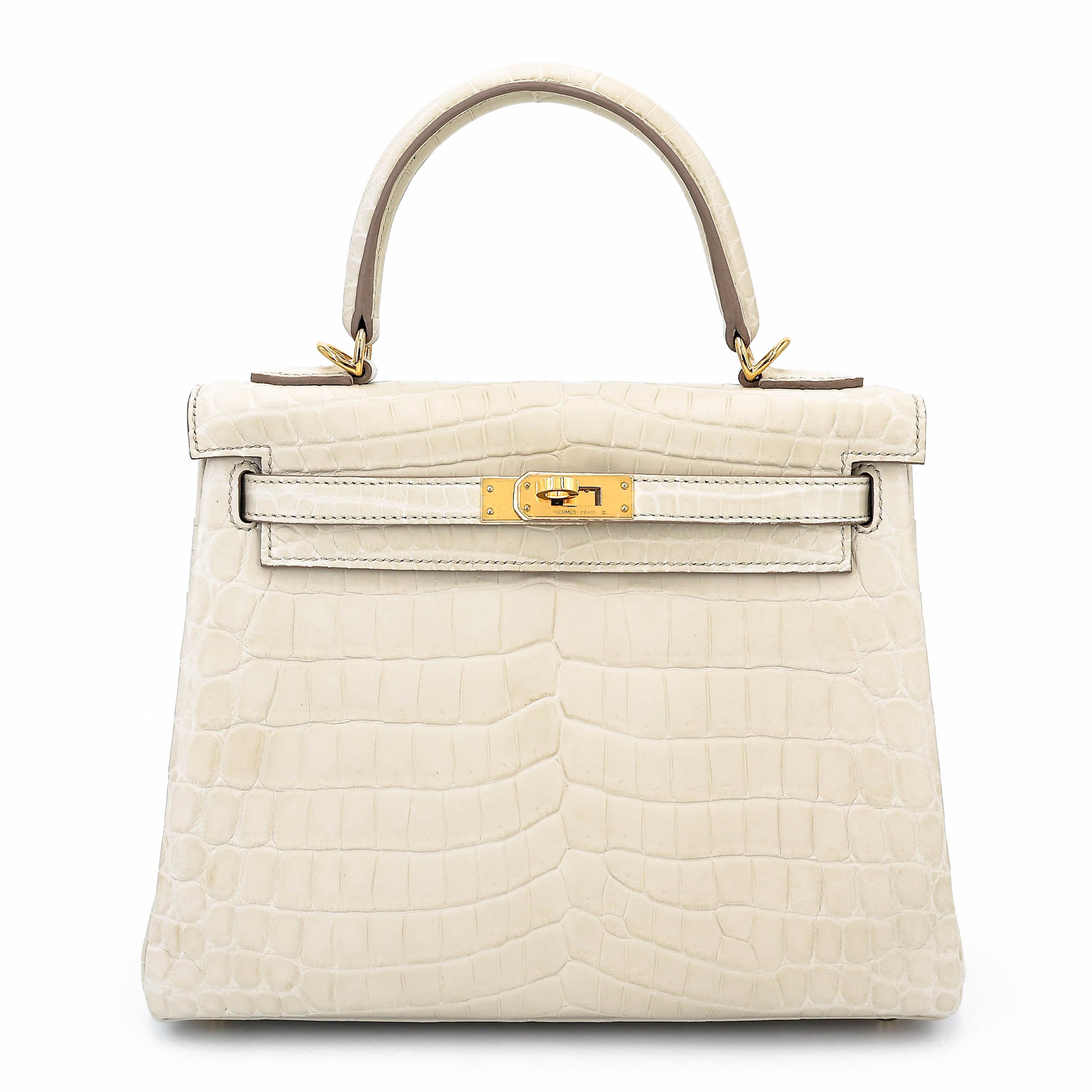 Unused ( Rank NS ) HERMÈS Kelly 25 Beton (8L) Matte Niloticus Crocodile Gold hardware U (2022)