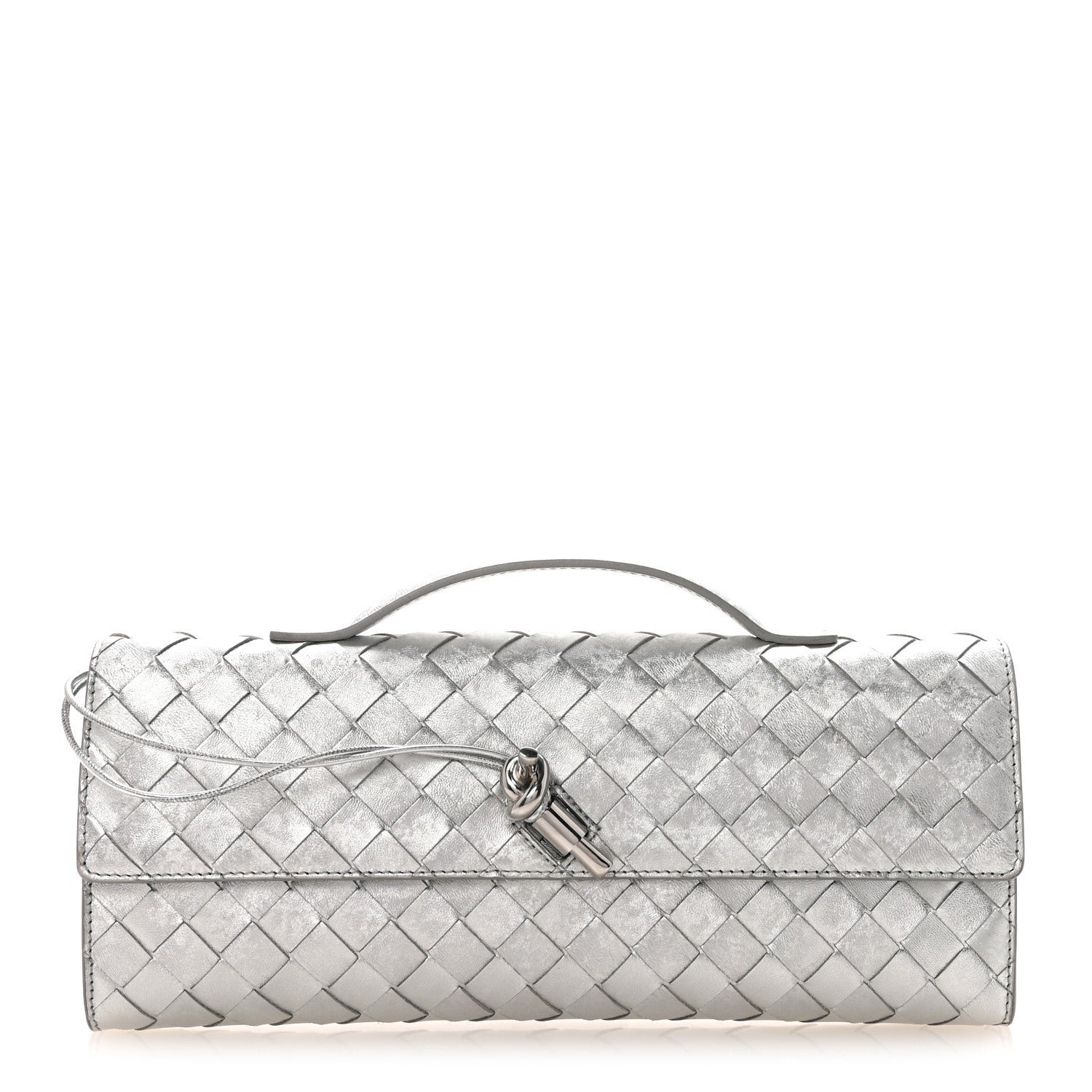 Bottega Veneta Metallic Lambskin Intrecciato Long Andiamo Top Handle Clutch Silver