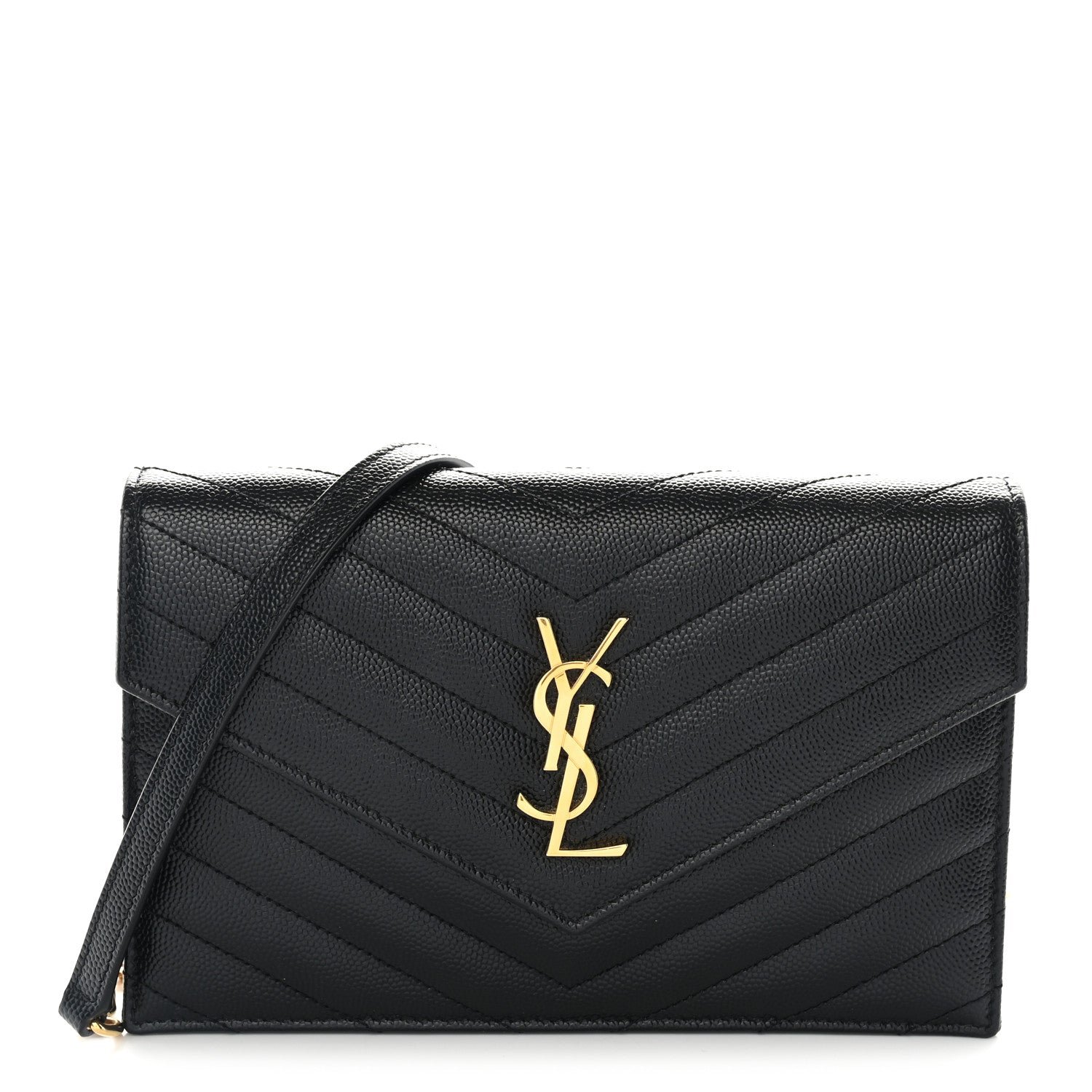 Saint Laurent Grain De Poudre Matelasse Chevron Monogram Envelope Chain Wallet Black